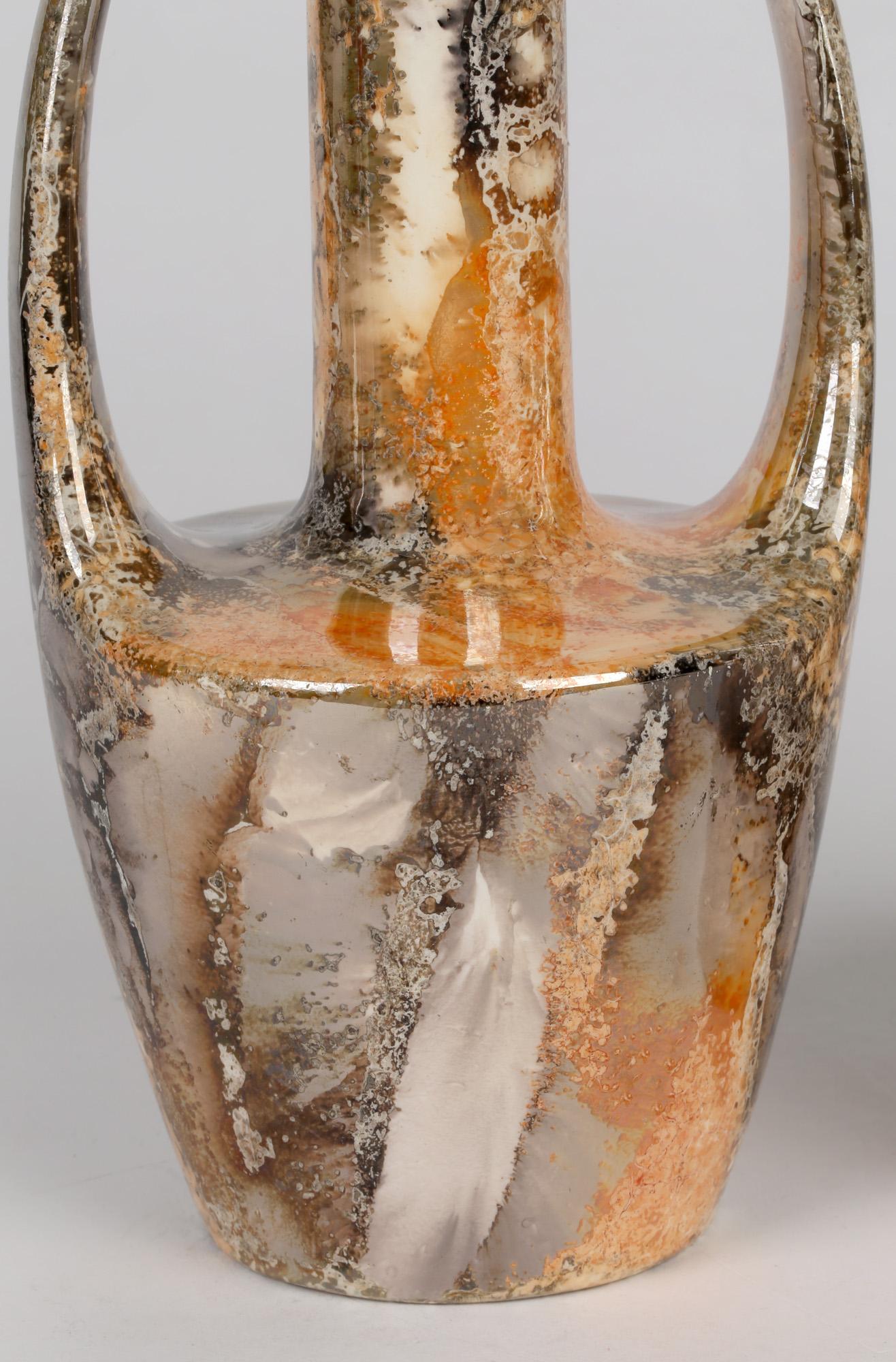 Earthenware Arabia Finnish Art Deco Pair of Twin Handled Lustre Glazed Art Pottery Vases