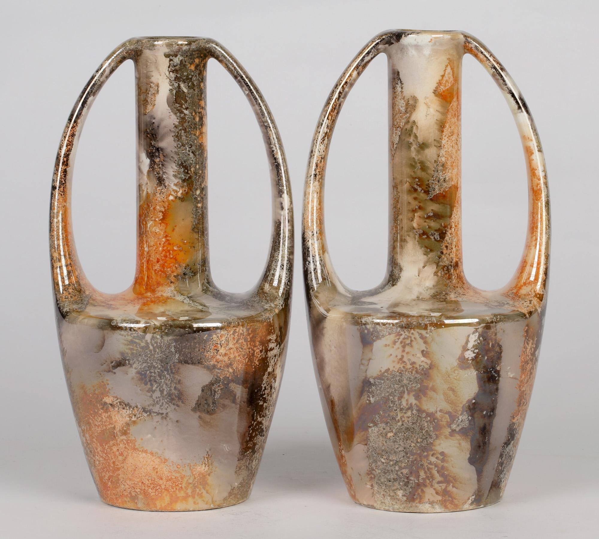 Arabia Finnish Art Deco Pair of Twin Handled Lustre Glazed Art Pottery Vases 1