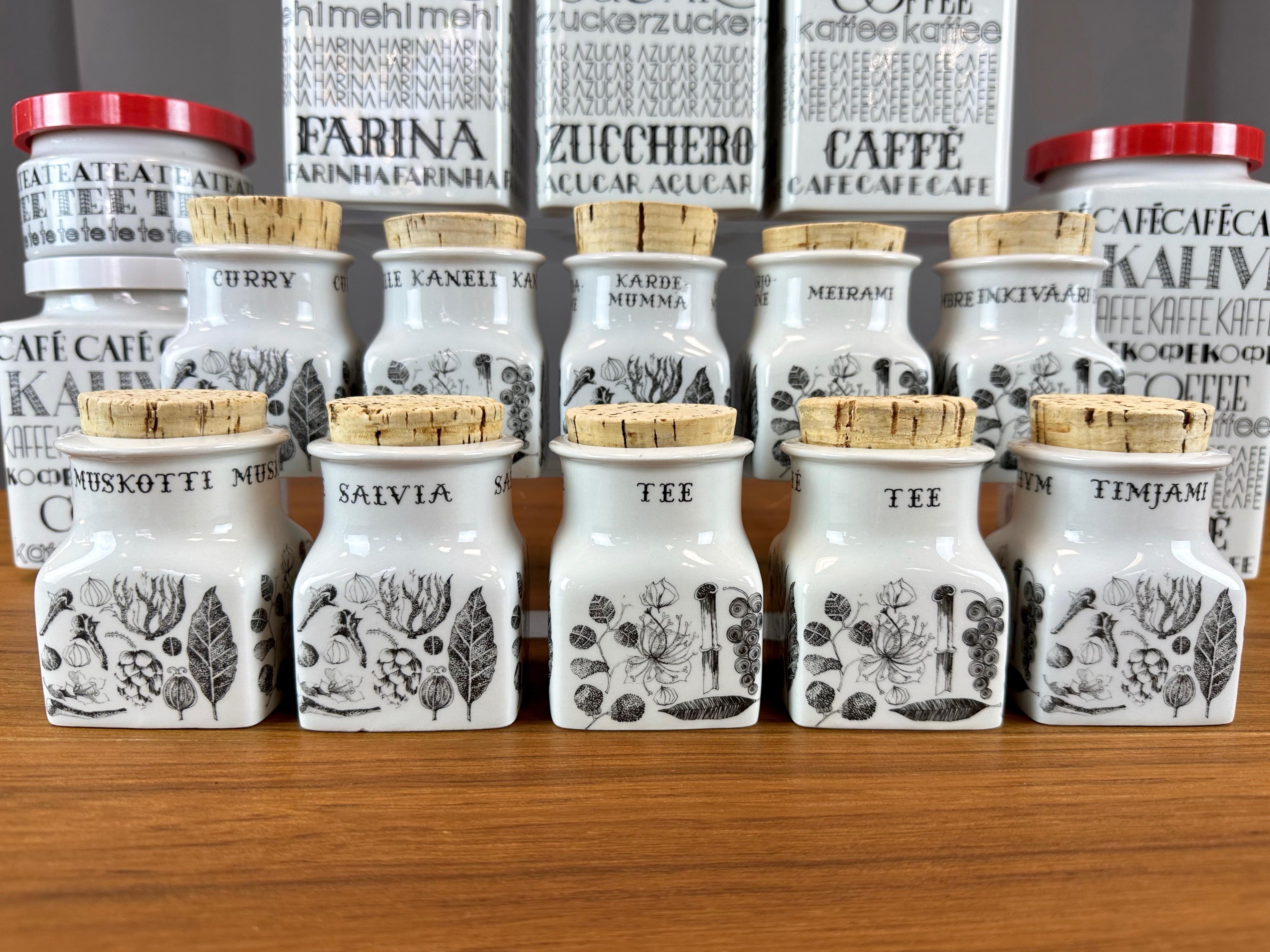 Arabia of Finland Ceramic Kitchen Jars and Spice Jars, 16-Piece Set, 1966–68 In Good Condition For Sale In San Francisco, CA
