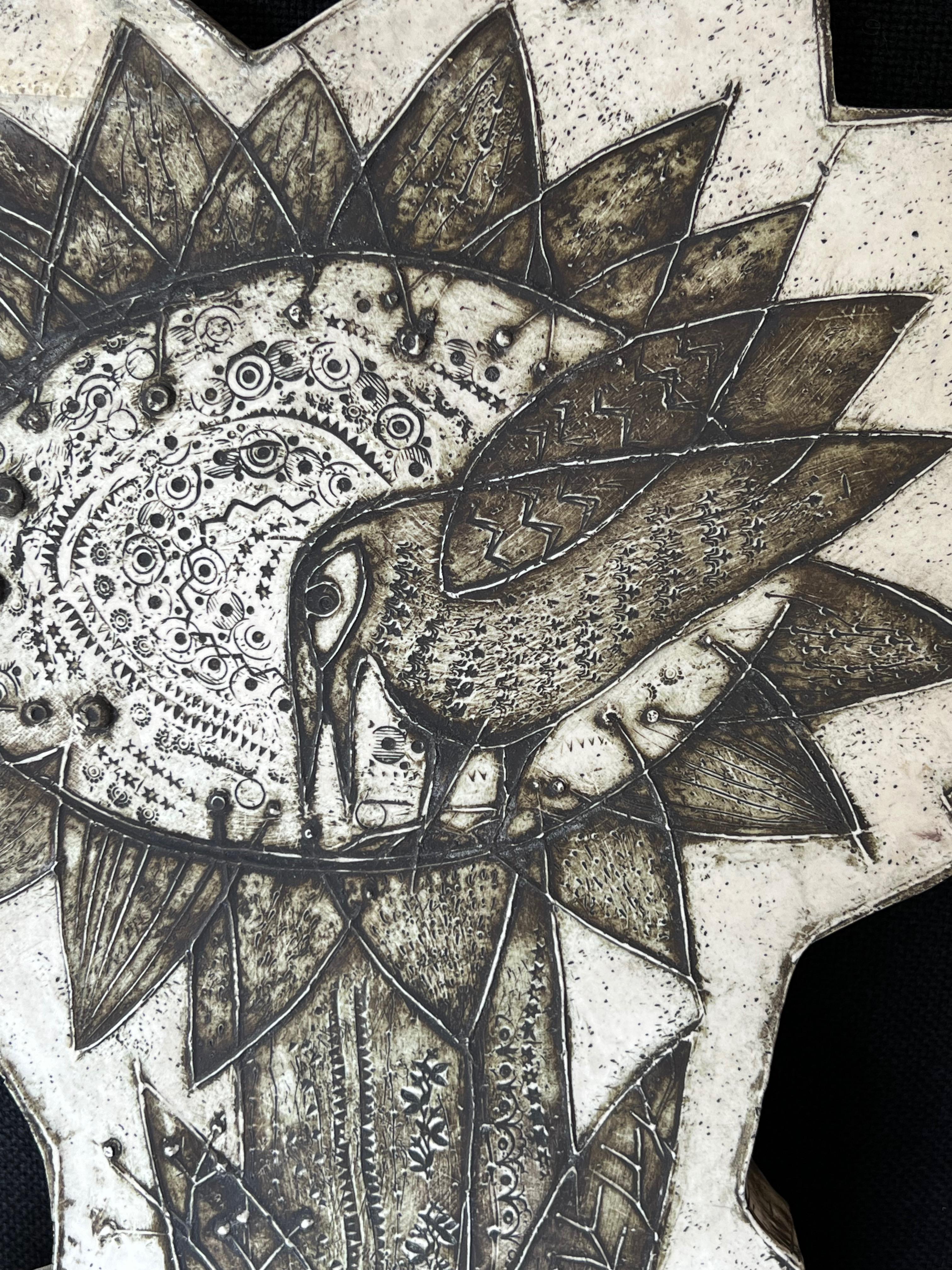 A marvelous wall relief in stoneware ceramic designed by Rut Bryk and manufactured by Arabia Finland in 1950`s.

Sun rose received second prize in a major review of ceramic art held at the Syracuse Museum of Art, USA, in 1958.

Literature : Harri