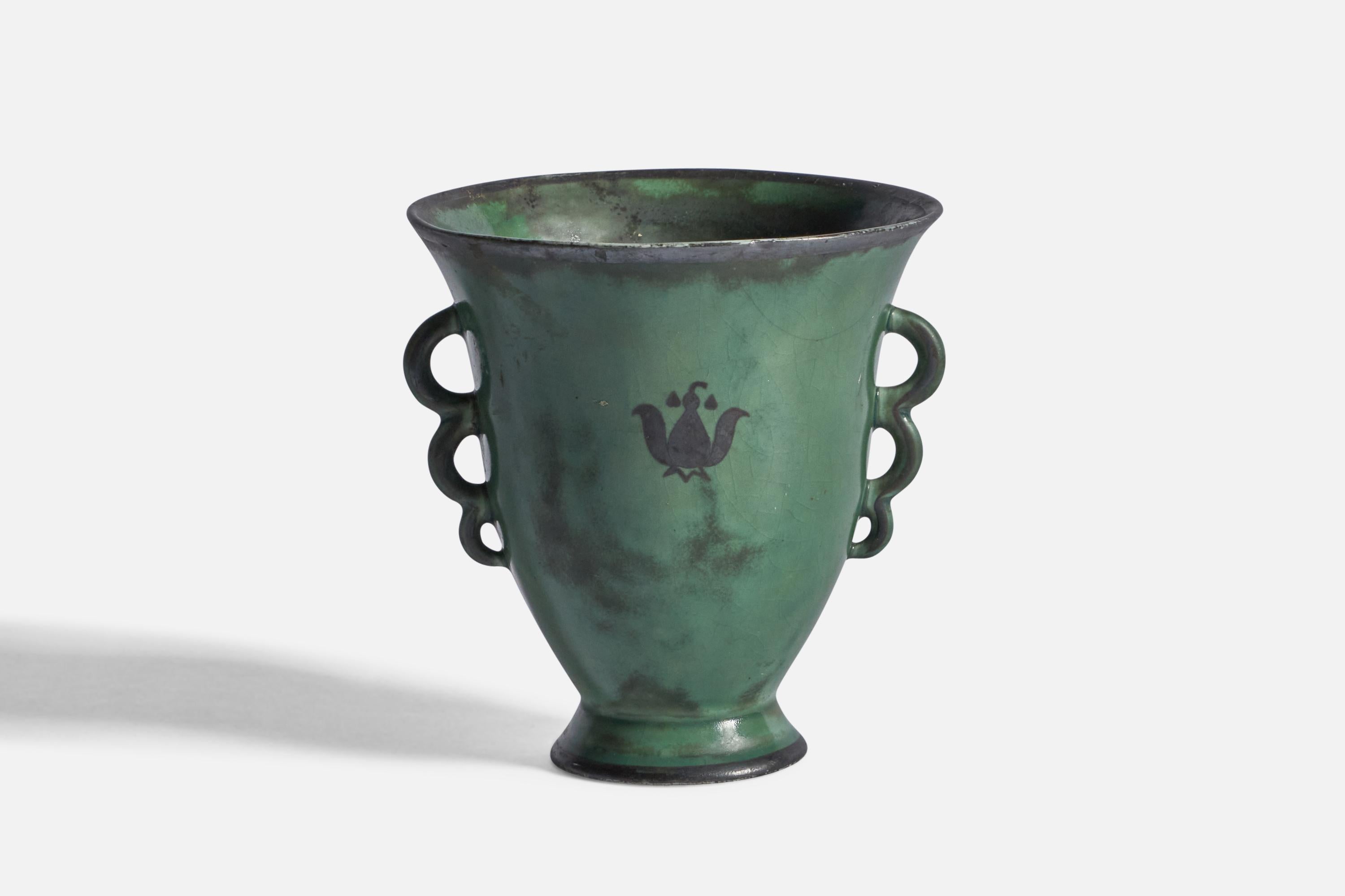 A green-glazed stoneware vase designed and produced by Arabia, Finland, c. 1940s.