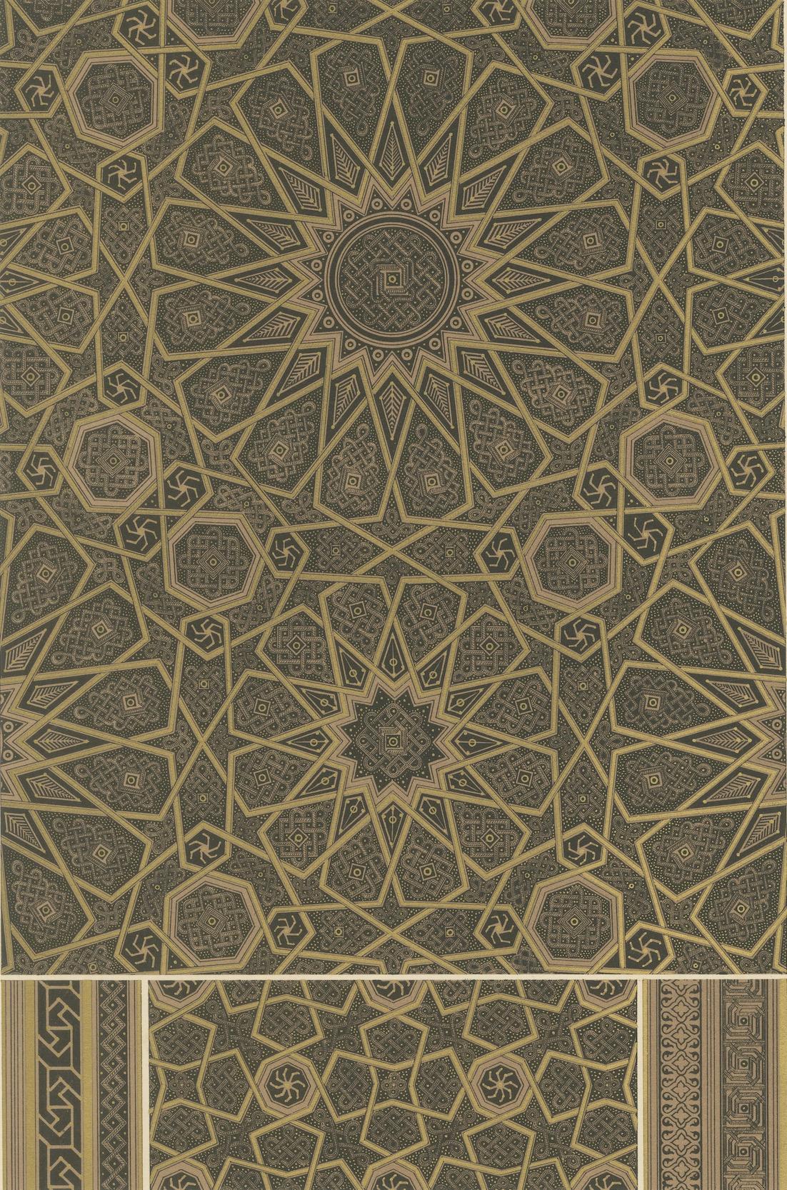XIXe siècle Ornement géométrique arabe - Lithographie ancienne d'un motif étoilé islamique, 1869 en vente