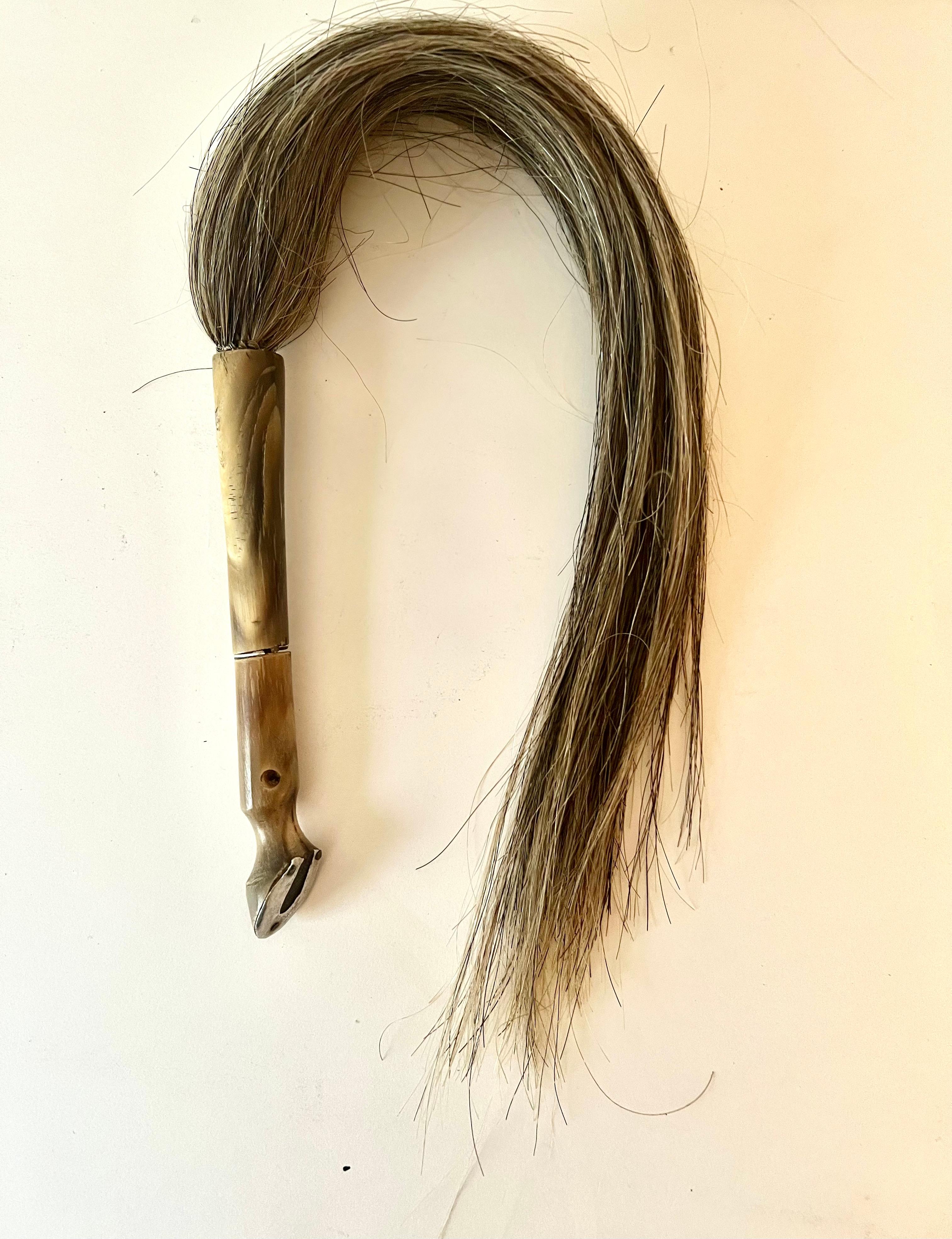 Hand-Carved Arabian Indian Bedouin Horse Hair Bone and Sterling  Fly Whisk with Horn Handle