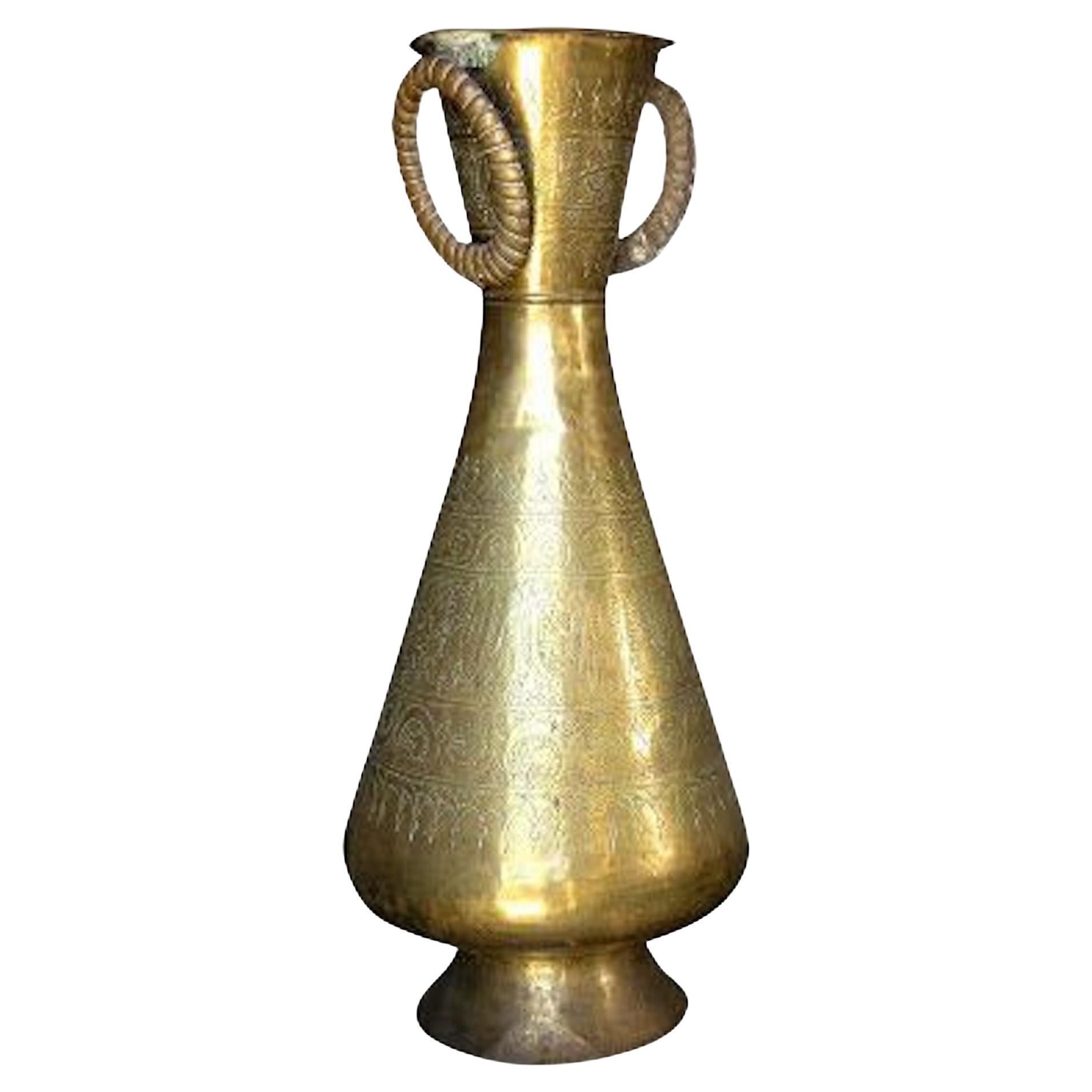 Arabian Middle Eastern Brass Islamic Art Vase Engraved With Arabic Calligraphy For Sale