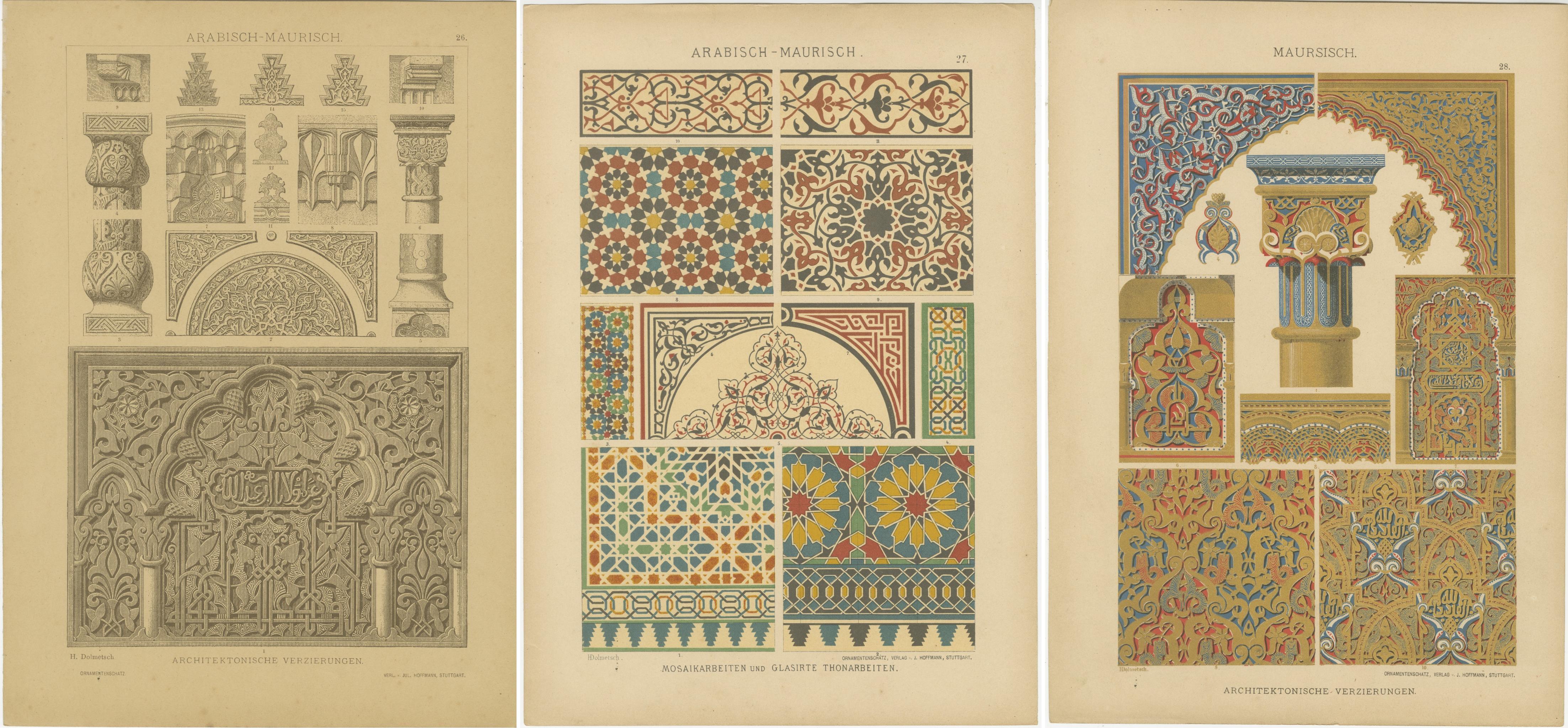 Ornamentación árabe-morisca en grabados de arte histórico de H. Dolmetsch, 1887 Papel en venta