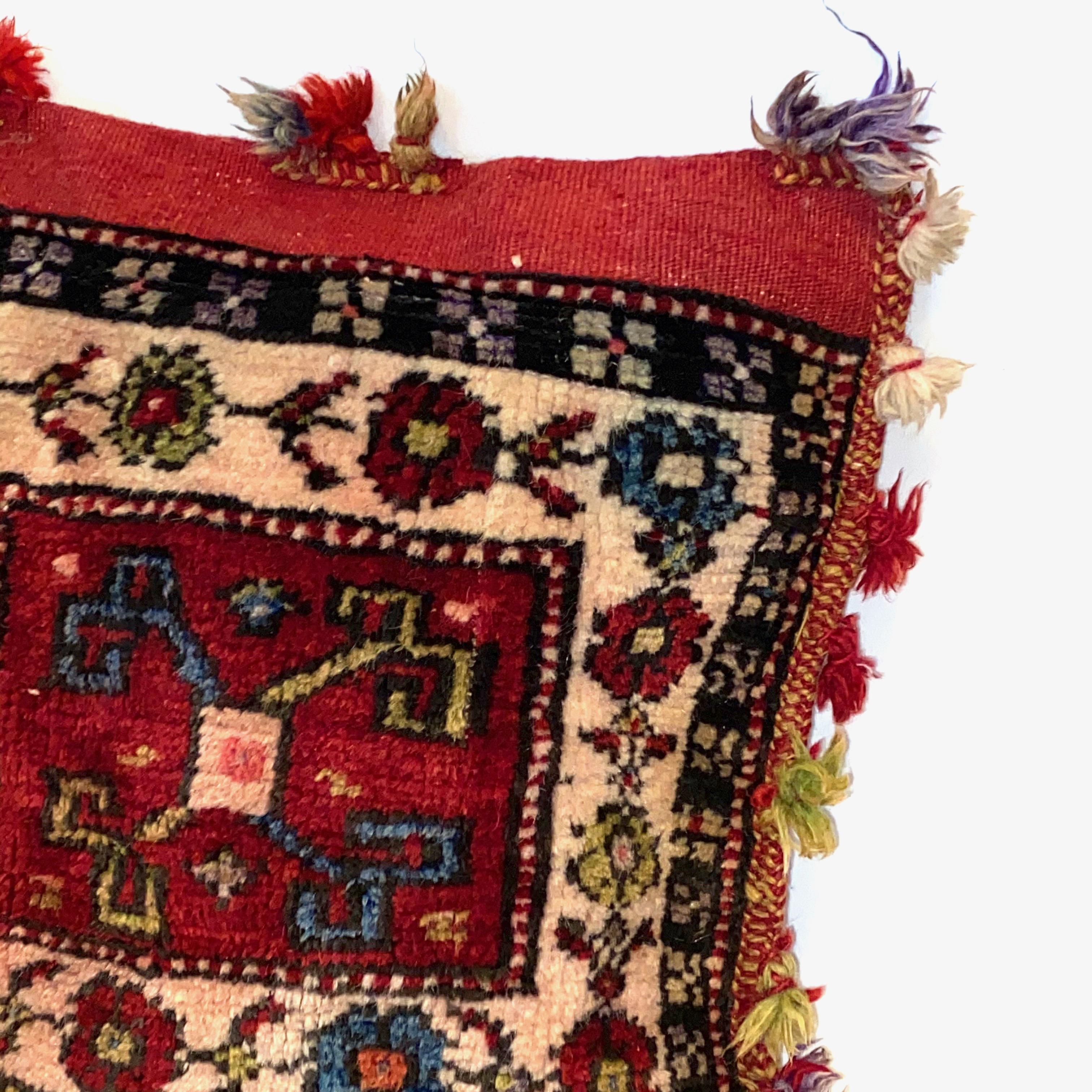 Gorgeous Arabian oriental pillow. Handmade of a woolen salt bag or Oriental rug. It measures approximate: 16 3/4 inch high, is approximate 16