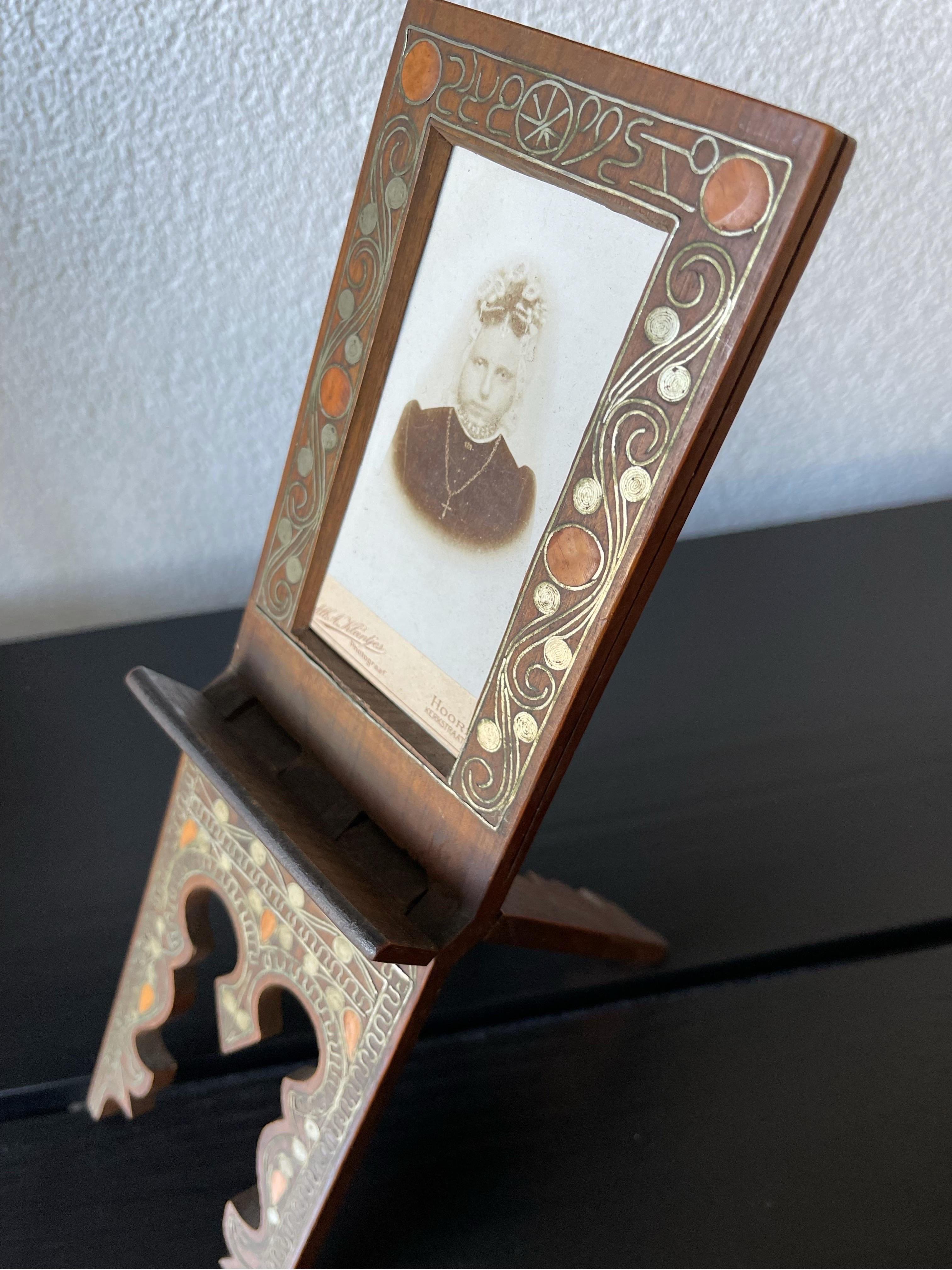 Arabic Antique Wooden Photo / Picture Frame Easel Inlaid Silver Scrolling Motifs For Sale 6