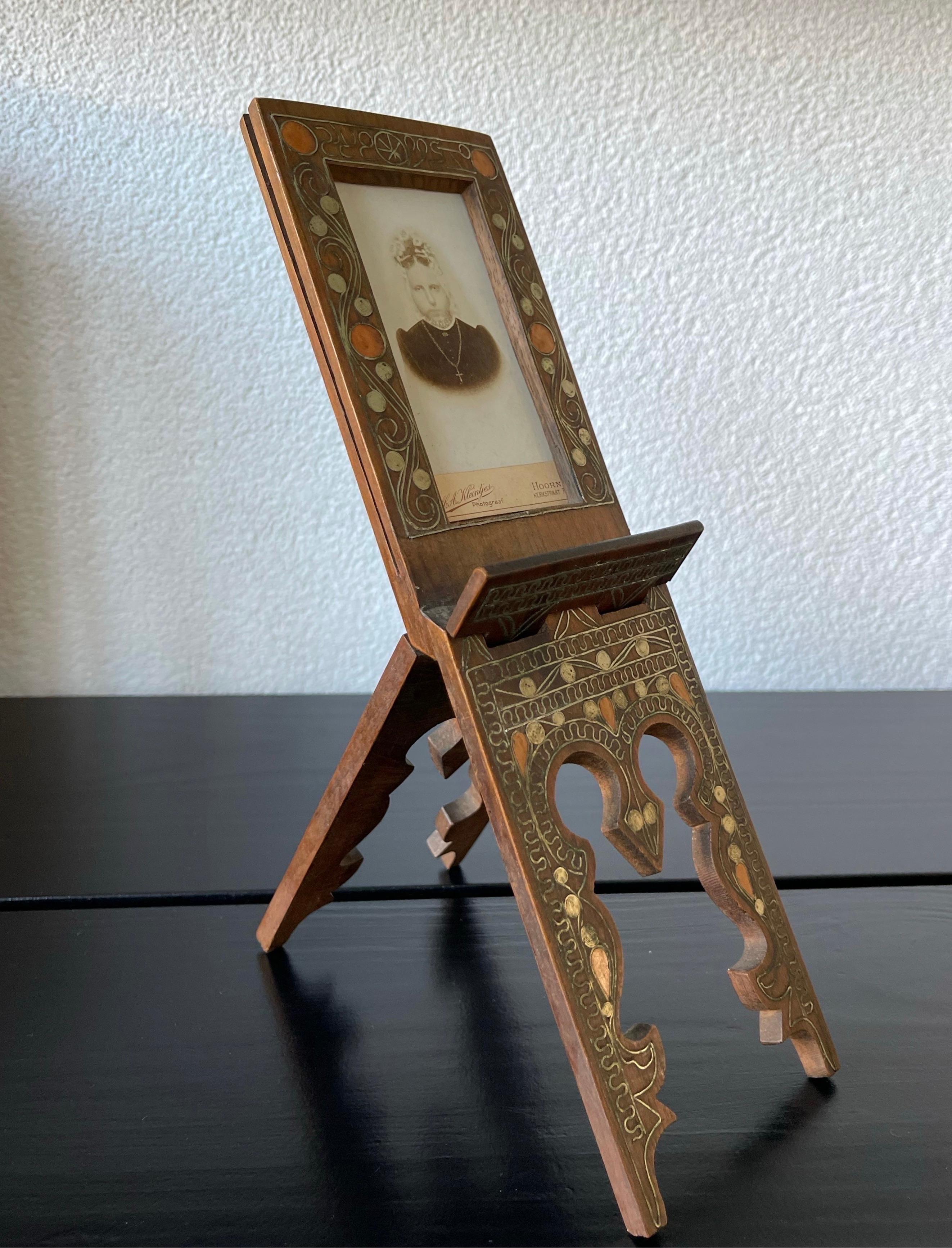 Arabic Antique Wooden Photo / Picture Frame Easel Inlaid Silver Scrolling Motifs For Sale 9