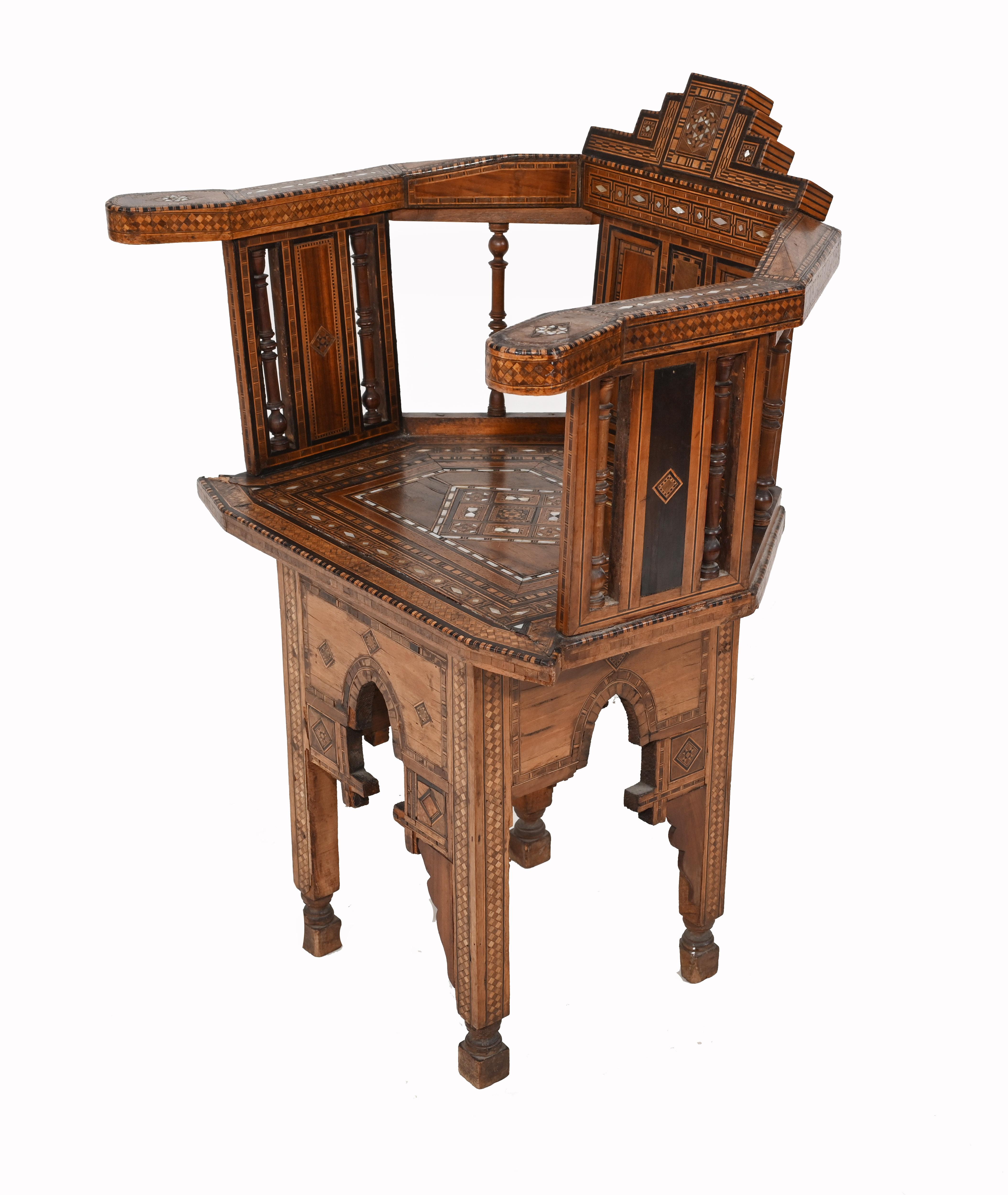 Hardwood Arabic Arm Chair Antique Damascan Furniture Inlay, 1920