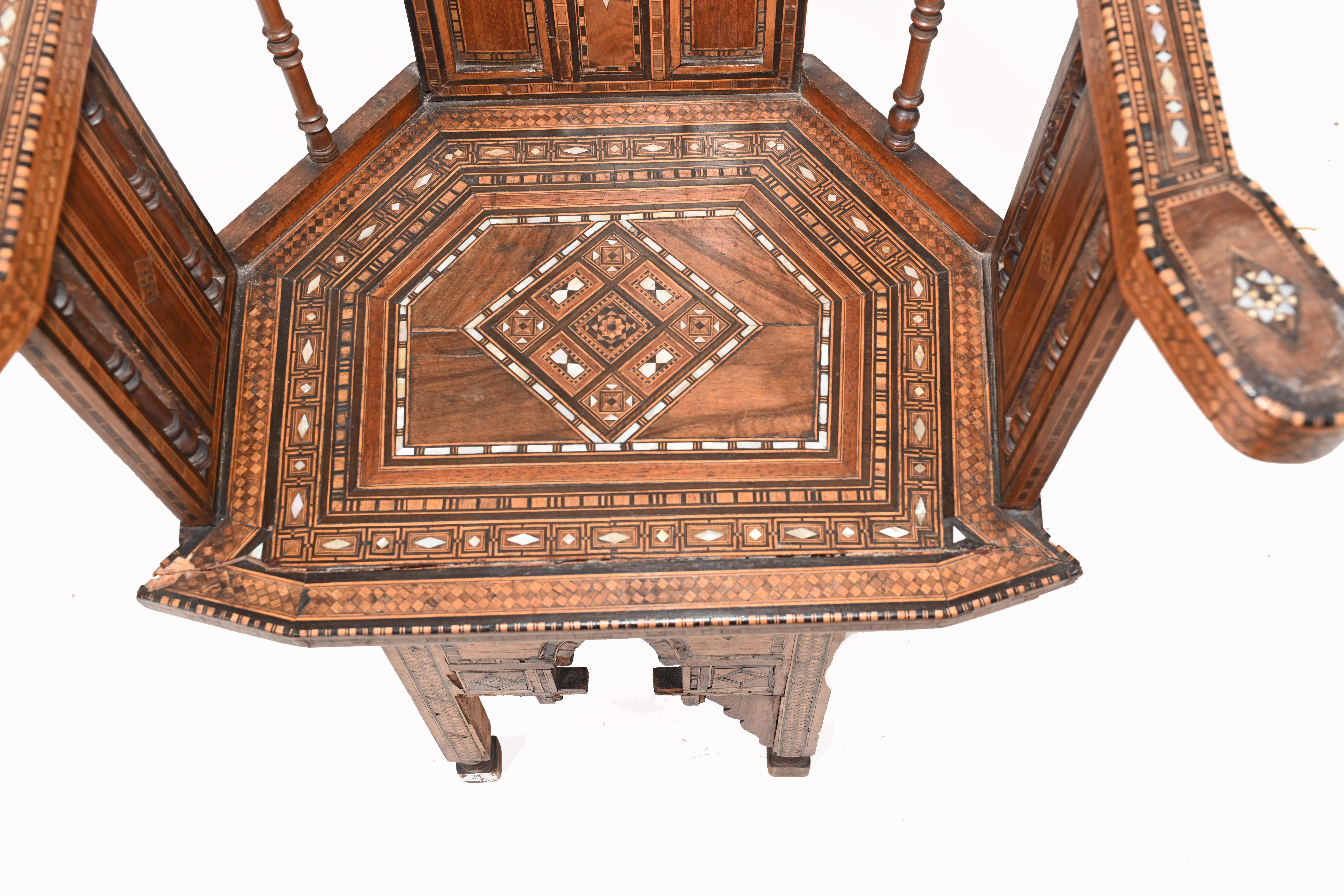 Gorgous single antique Damascan arm chair
Intricate inlay work a hall mark of classic antique Syrian furniture
Great look, this is all the rage with interior designers
Some of our items are in storage so please check ahead of a viewing to see if