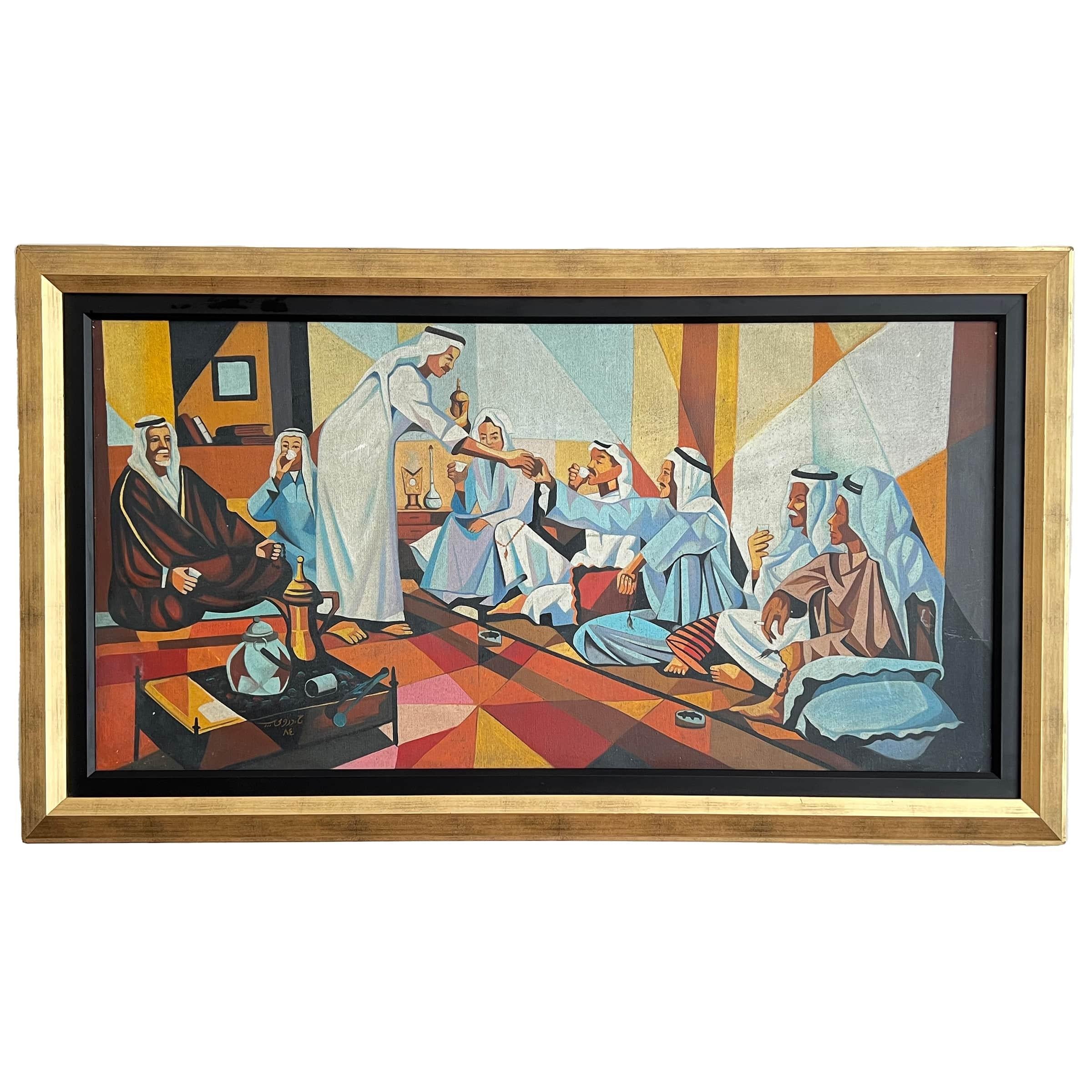 This oil on canvas painting by the Iraqi pioneer artist Hafidh Aldroubi captures the essence of a traditional Arabic majlis. Seven seated men engage in conversation while an eighth figure gracefully serves coffee from a dallah, embodying the