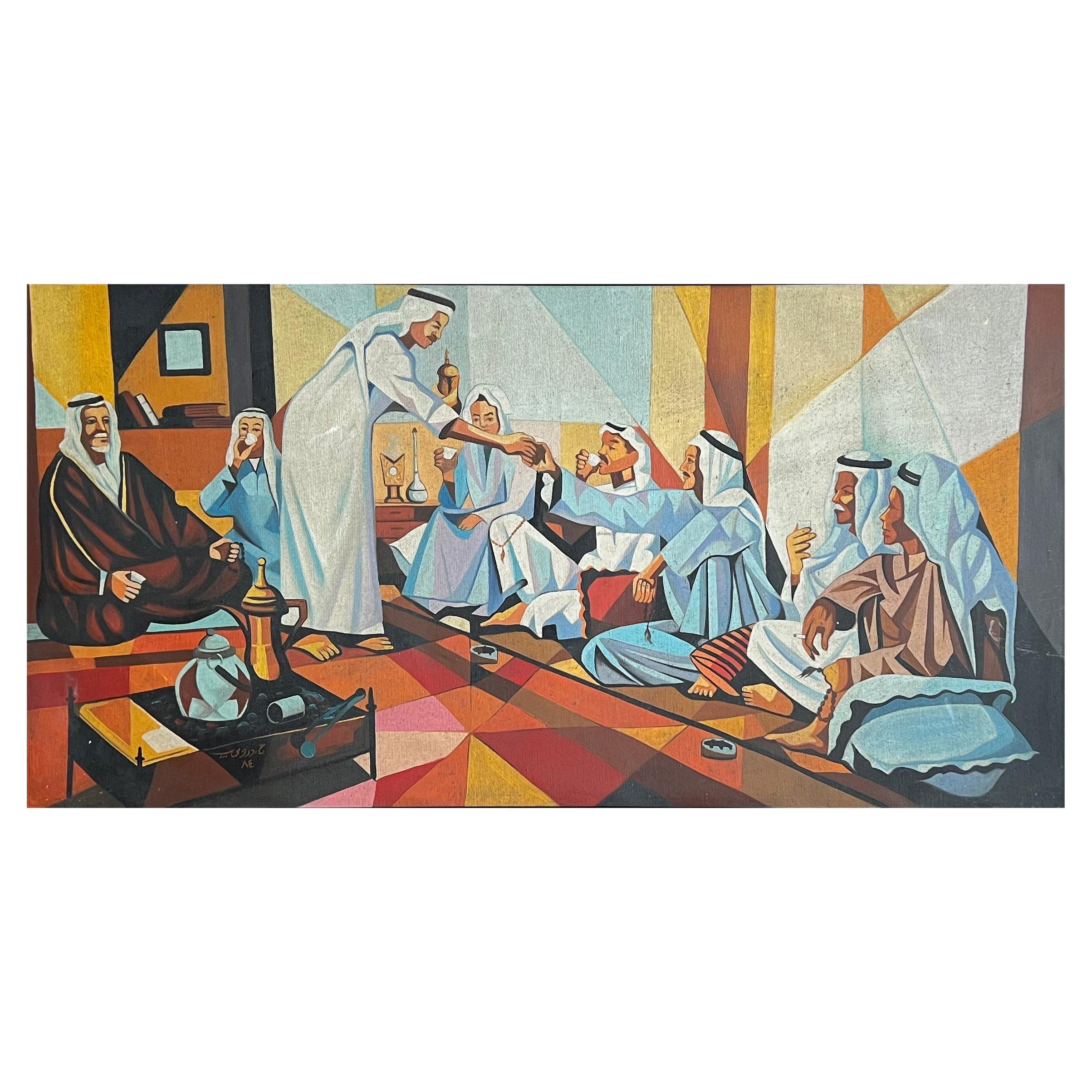 Arabic Majlis, Oil On Canvas Painting By Hafidh Aldroubi (Iraq, 1914-1991)  For Sale