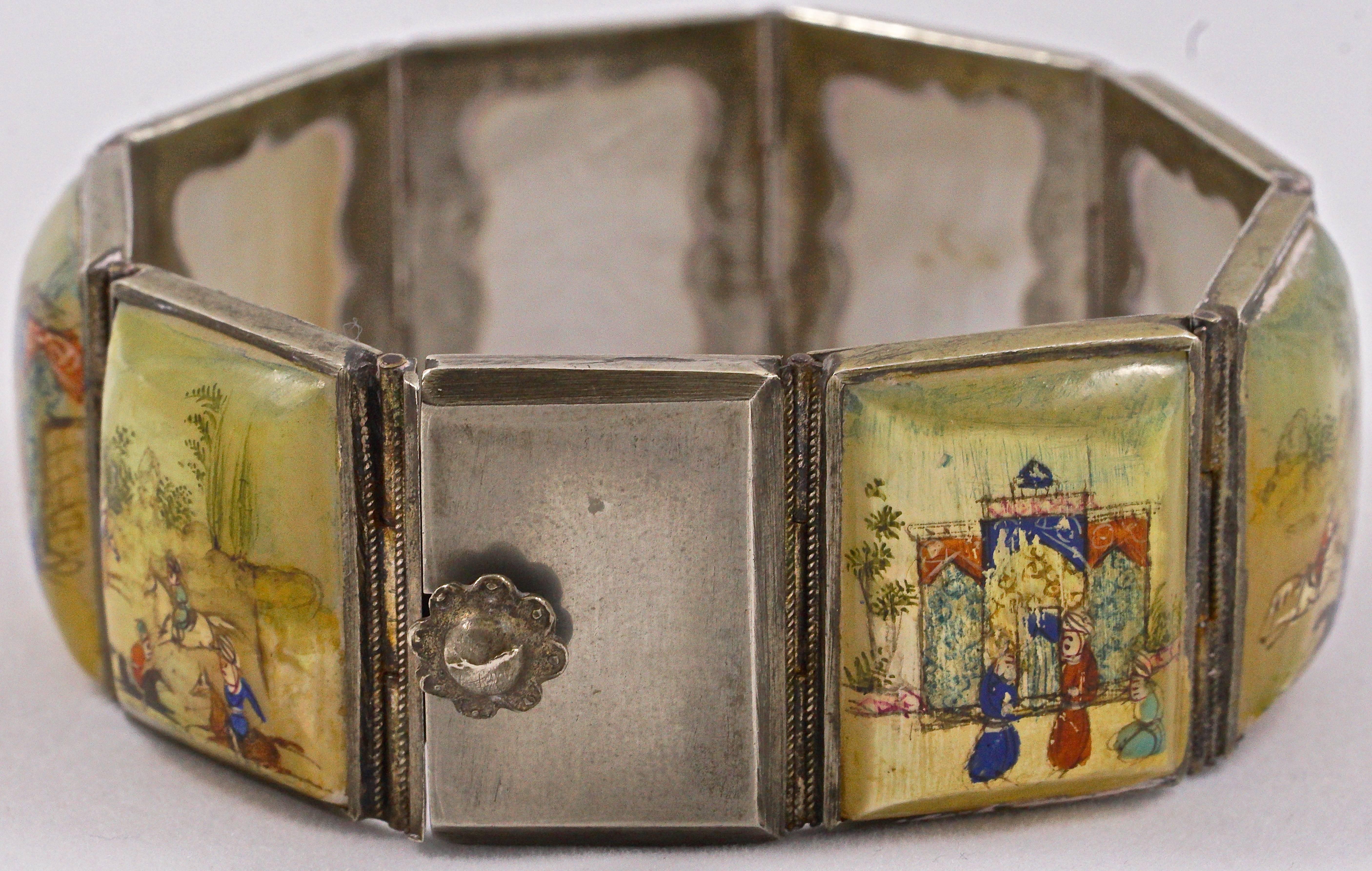 Beautiful Arabic silver tone and mother of pearl panel bracelet. The mother of pearl has been exquisitely hand painted and lacquered. It is stamped with an Arabic name, probably the makers, the first part of the name is Abd, the second part is