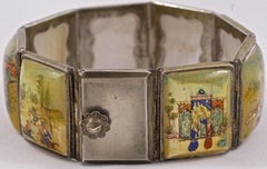 Arabic Silver Tone Mother of Pearl Hand Painted Lacquered Panel Story Bracelet