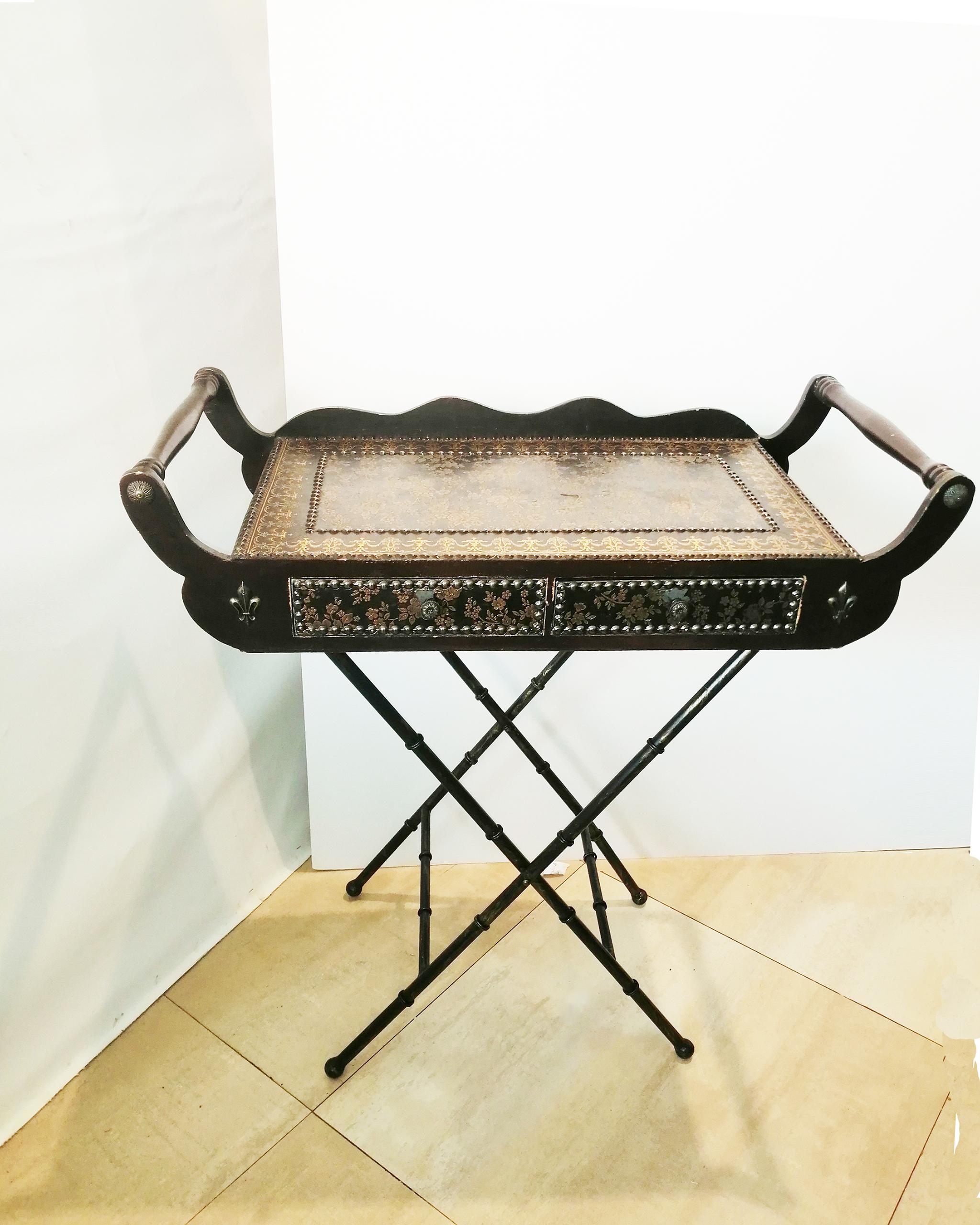Spanish Islamic Style Side Table or Tray With Folding Legs and  Drawers For Sale