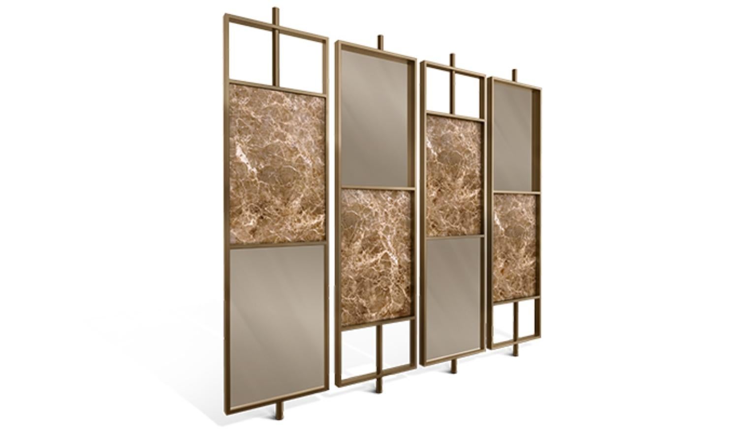 Modern Arabica Bronze Mirror and Emperador Marble Screen by Caffe Latte

This Modern Arabica Bronze Mirror and Emperador Marble Screen by Caffe Latte is a striking piece of furniture made of emperador light marble, bronze mirror and epoxy iron