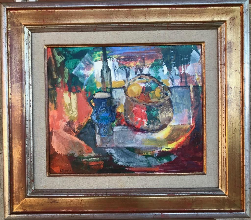 Basket in Red. Oil on panel. Expressionist Still-life with abstract background - Painting by Aracely Alarcón