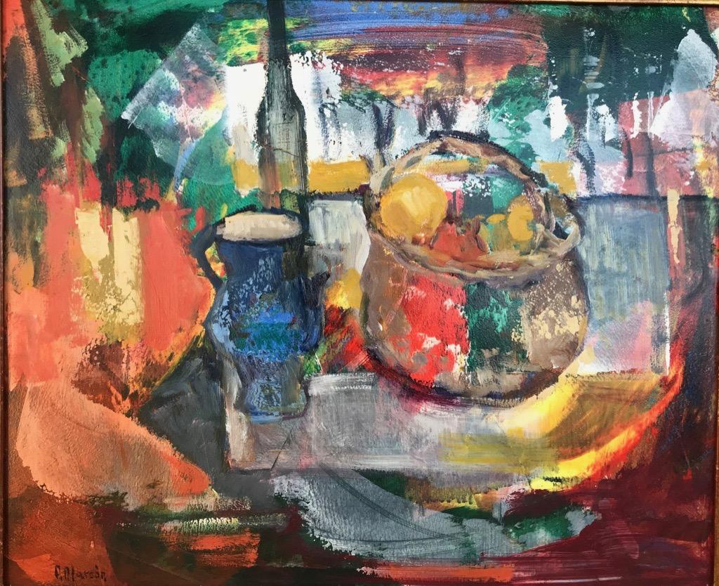 Aracely Alarcón Figurative Painting - Basket in Red. Oil on panel. Expressionist Still-life with abstract background
