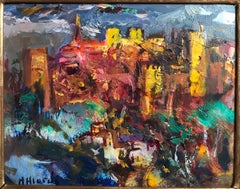 "Granada" with La Alhambra Palace. Oil on panel Expressionist  Andalousian view.