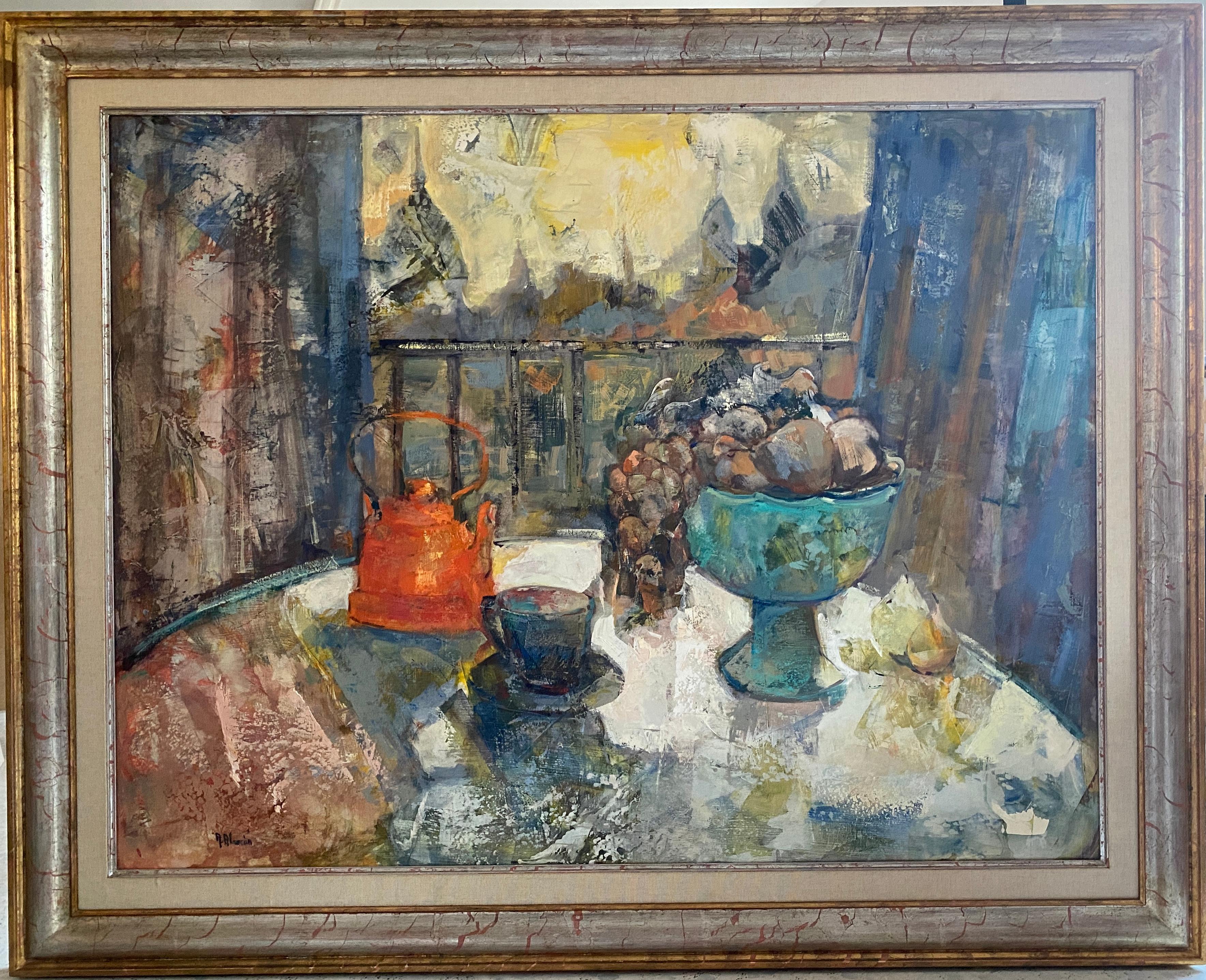 Innen Innenseite mit Obst . Buntes expressionistisches Stillleben, Ölgemälde (Grau), Still-Life Painting, von Aracely Alarcón