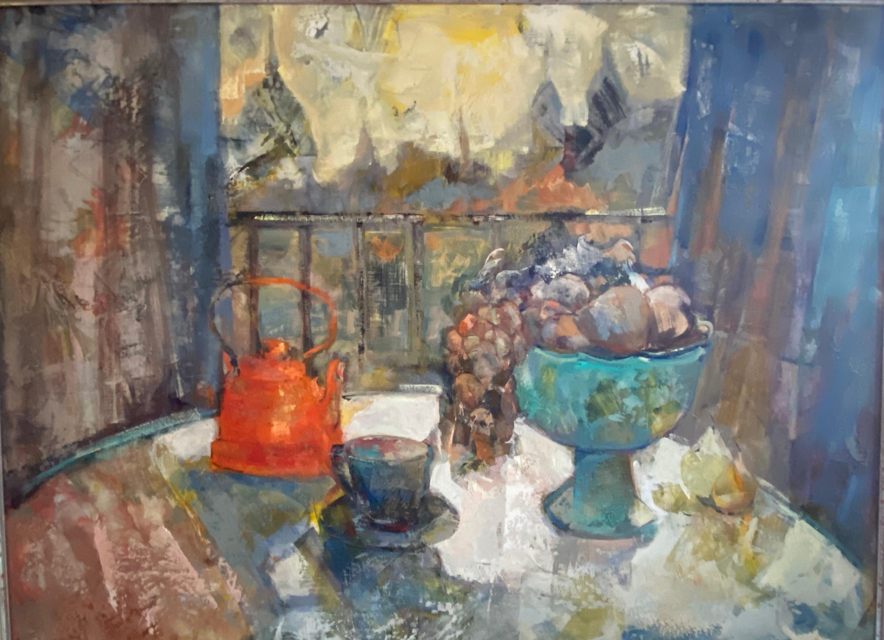 Interior with fruit . Colorful Expressionist Still-life Oil painting For Sale 1