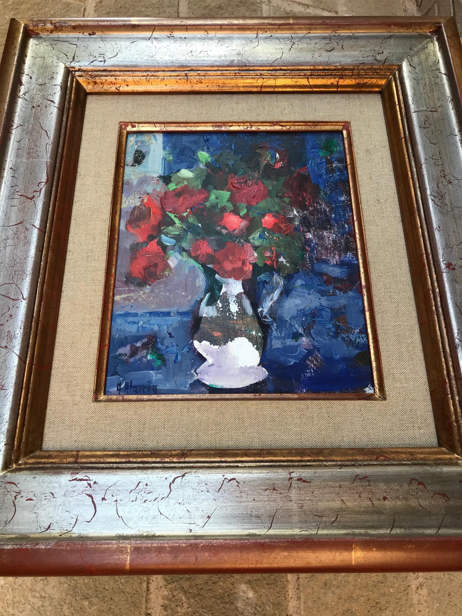Roses and Blues. Oil on panel Still Life with red roses on blue background - Expressionist Painting by Aracely Alarcón