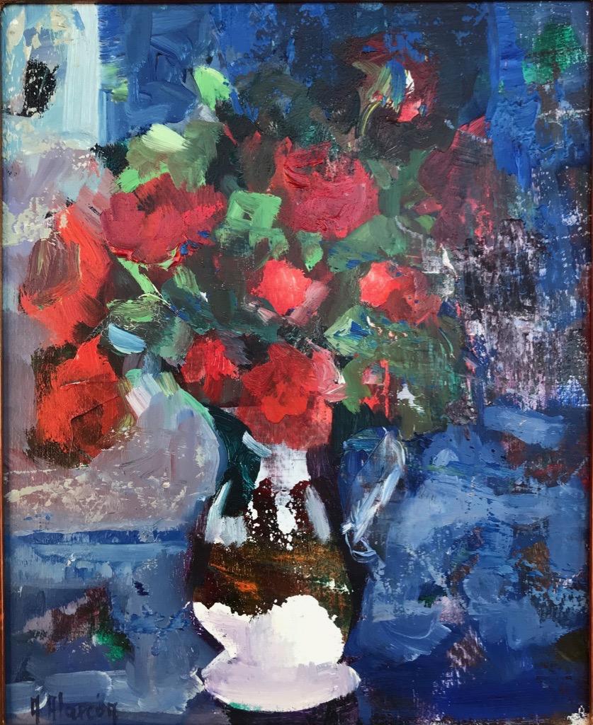 Rosen und Blautöne. Ölgemälde auf Tafel, Stillleben mit roten Rosen auf blauem Hintergrund