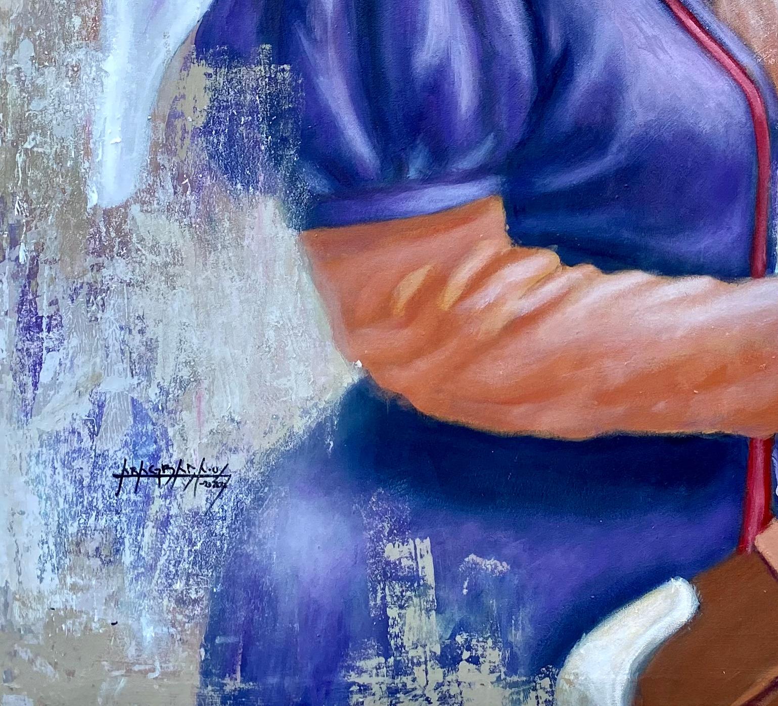  Traveler 1 (purple cloth) - Gray Portrait Painting by Aragbada Stephen