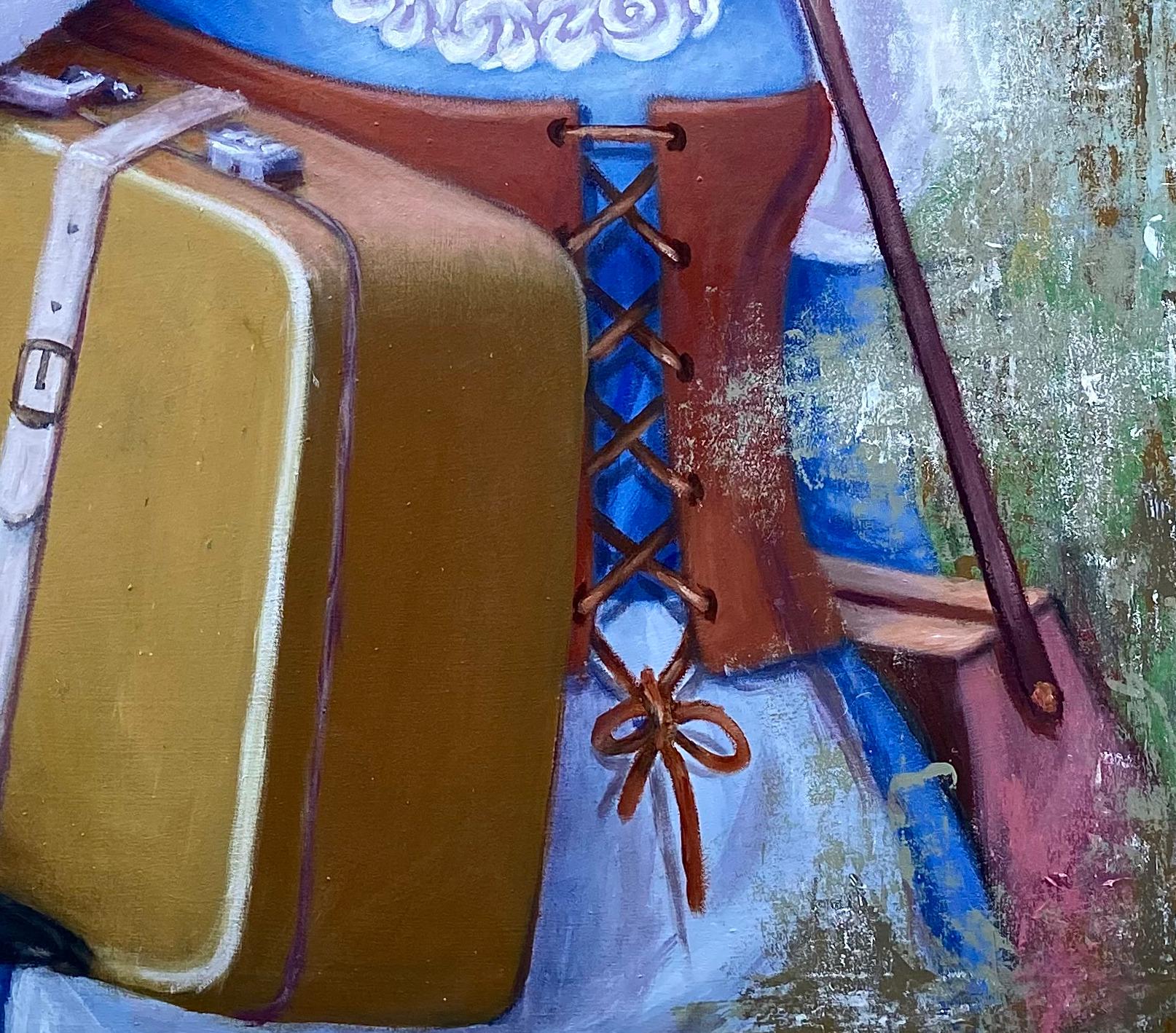 Traveler (toile bleue) 2 - Gris Portrait Painting par Aragbada Stephen