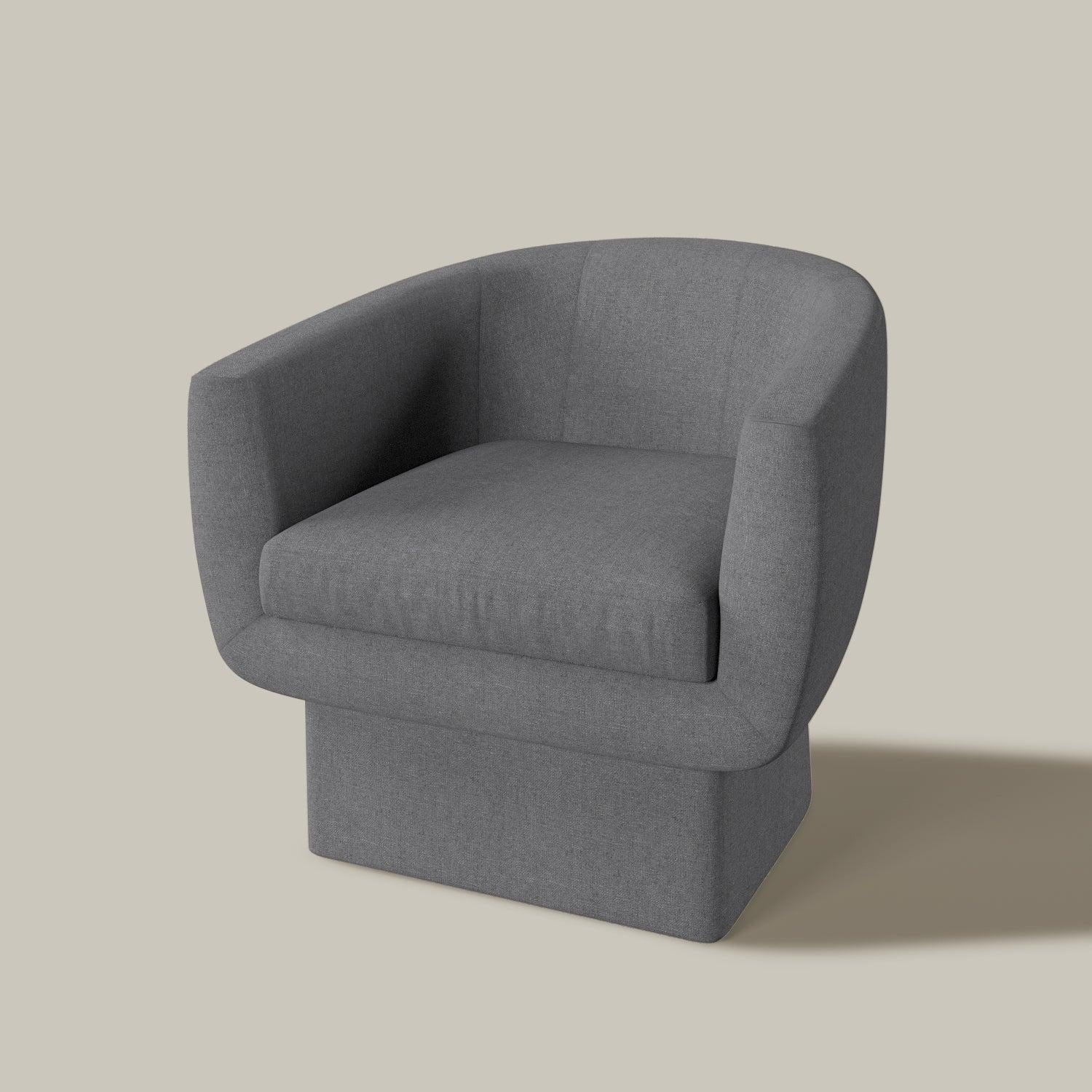This sculptural cushioned chair features a modern cup-like seat poised atop a pedestal. Available in a variety of custom fabrics.

Ships in approximately 5-6 weeks. Listing shows Chair upholstered in Siena Natural linen Performance fabric. Contact
