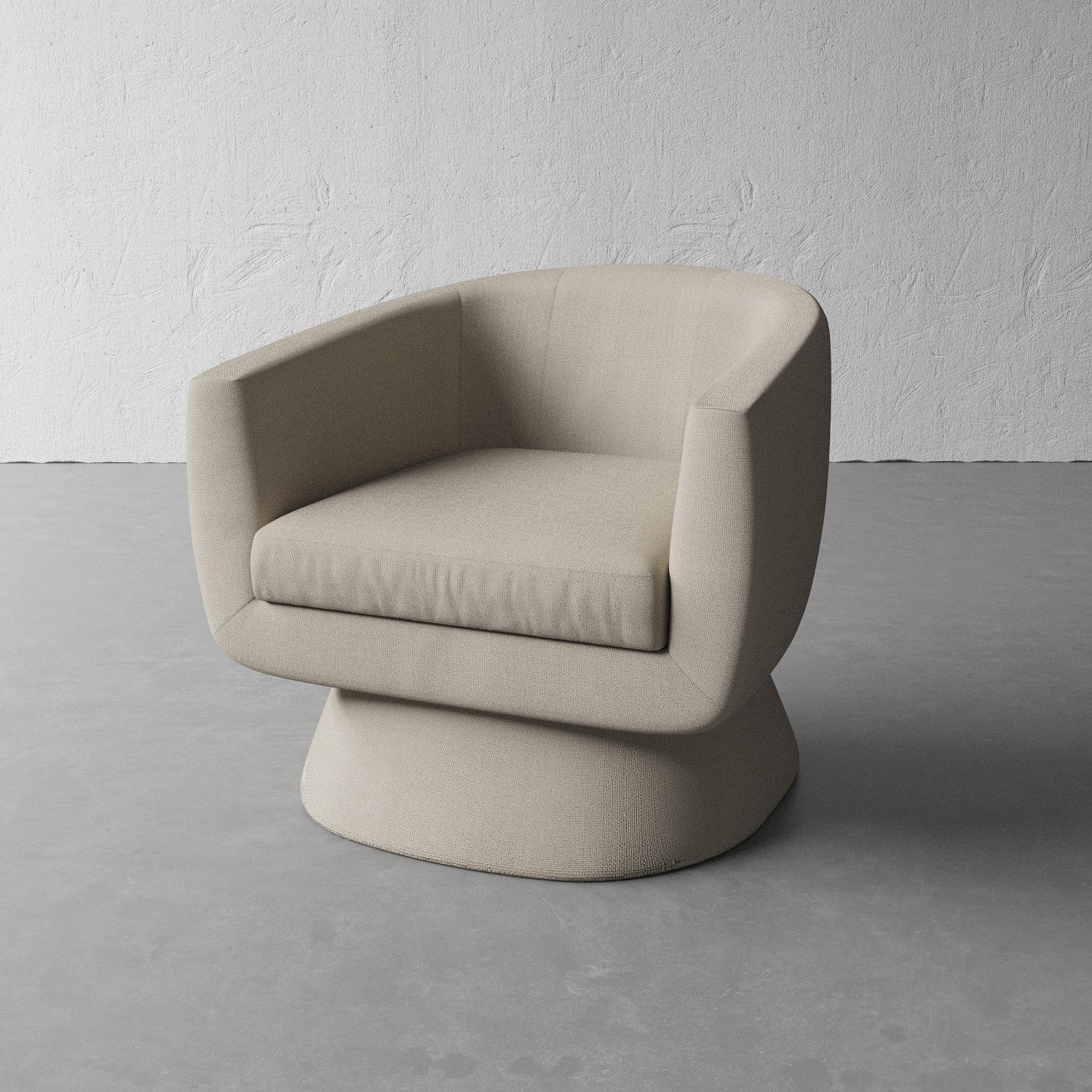 This sculptural cushioned chair features a modern cup-like seat poised atop a pedestal. Available in a variety of custom fabrics.

Ships in approximately 5-6 weeks. Listing shows Chair upholstered in Siena Natural linen Performance fabric. Contact
