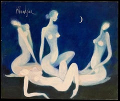 Signed 1990's Surrealist Oil Painting Dancing Nude Figures under Moonlight