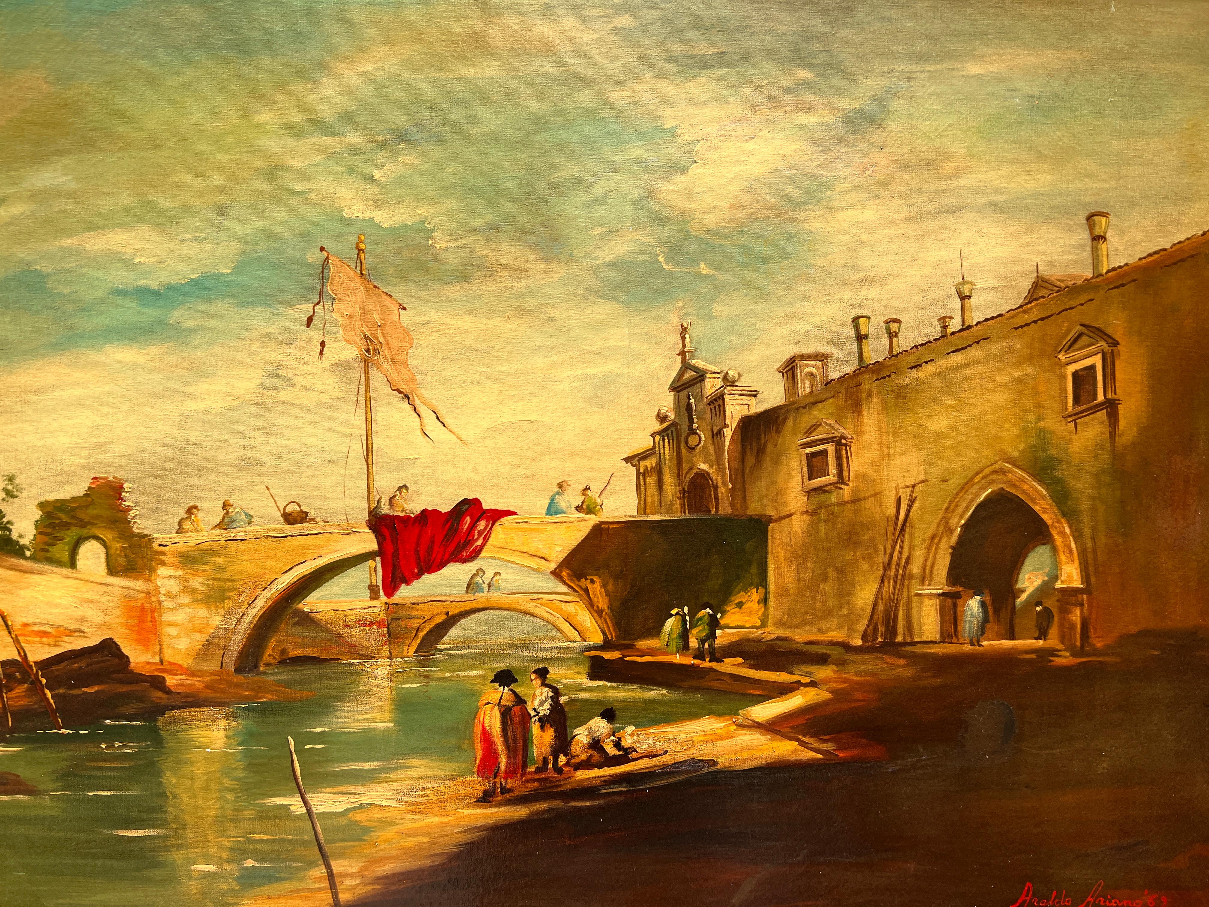 1969 Listed Italian Artist Araldo Ariano Large Oil Painting, Genre Scene, 1969 For Sale 1