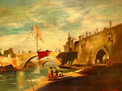 1969 Listed Italian Artist Araldo Ariano Large Oil Painting, Genre Scene, 1969