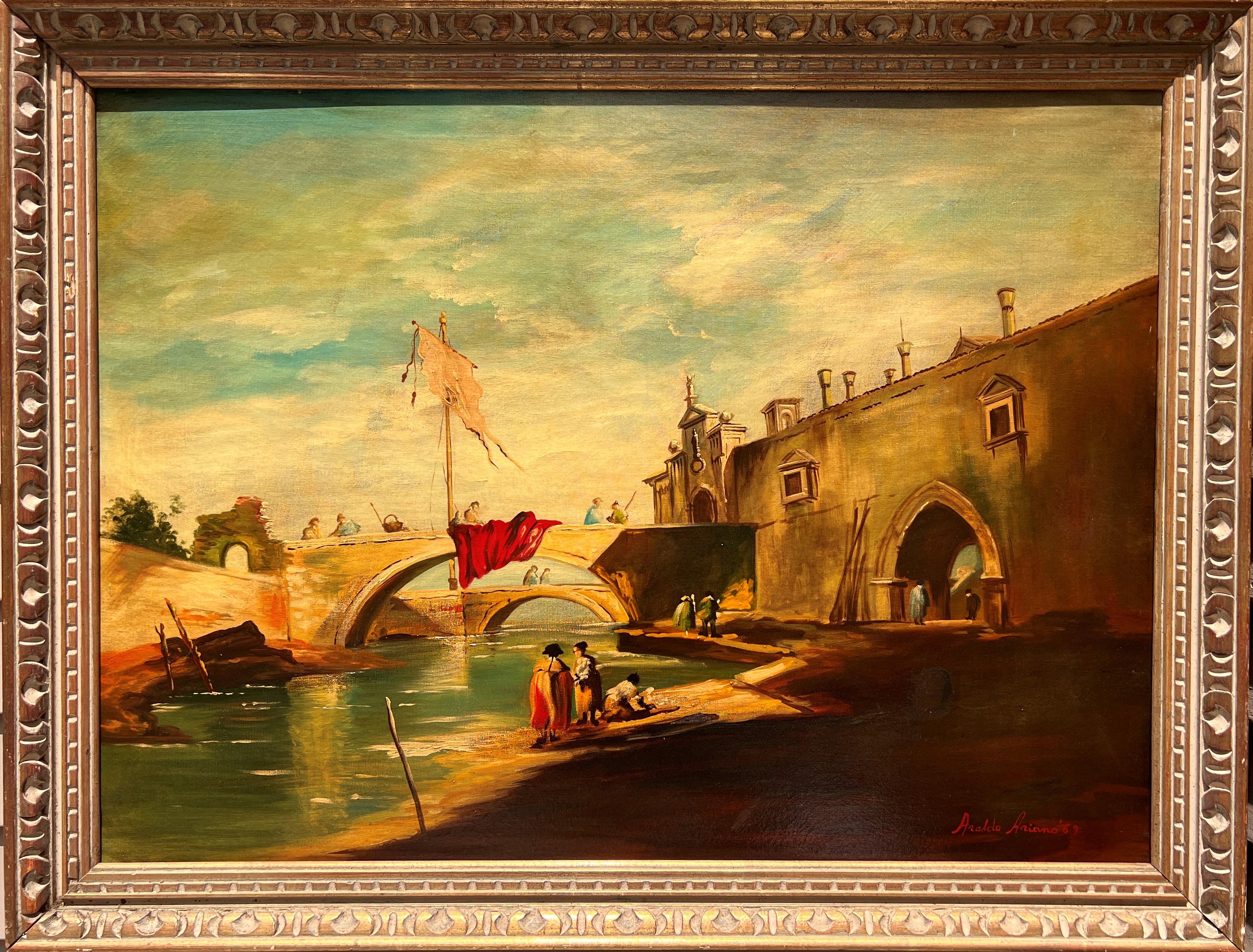 Up for sale is an original oil painting on canvas by Listed Italian Artist Araldo Ariano (XX century).  The painting depicts a picturesque scene set in a historic European town, characterized by its architectural elements and tranquil