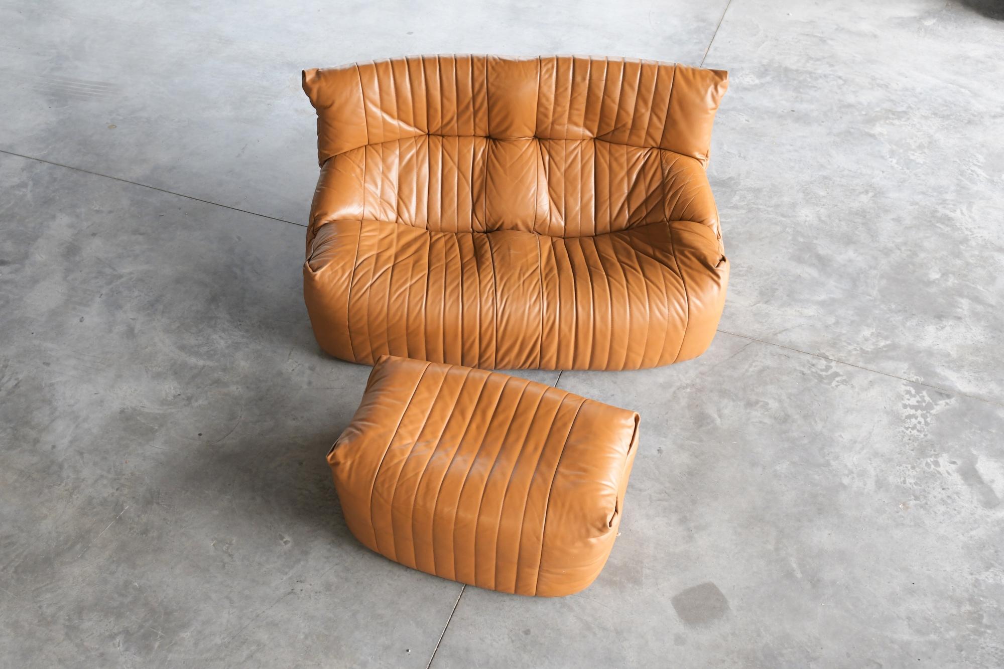 What a beauty!
Rare Aralia sofa in his original cognac leather with matching poof.
Very good vintage condition. No damage. 

LR labels, original foam & bottom.
