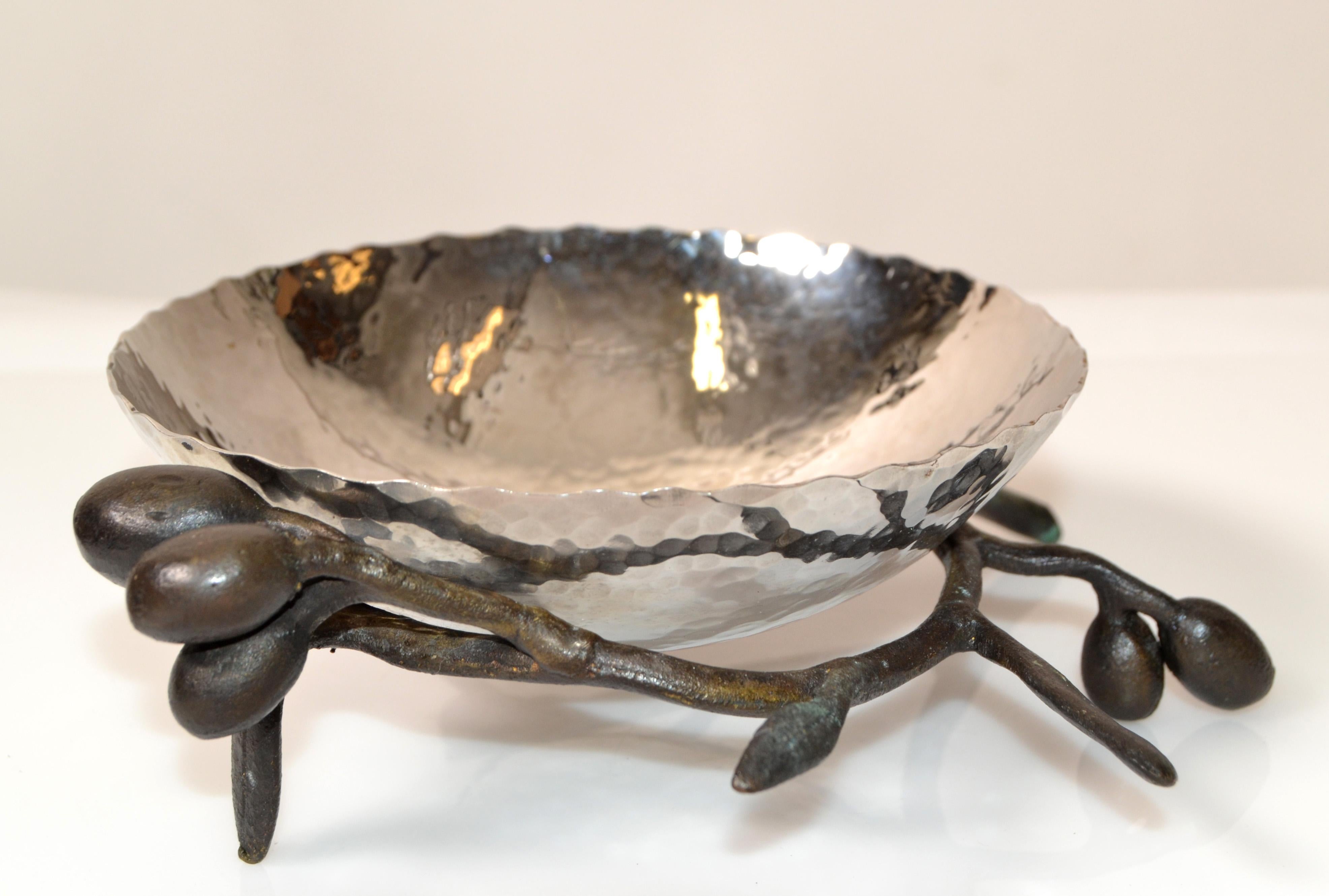 Italian Aram Art Deco American Hand-Hammered Nickel & Bronze Branch Handle Serving Dish