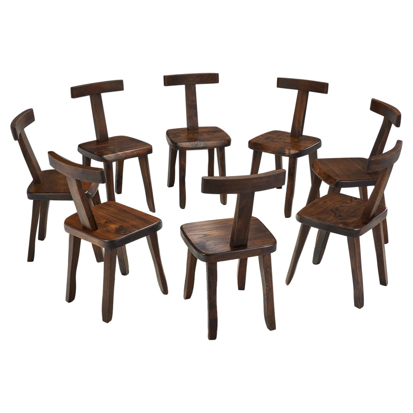 Aranjou Edition Brutalist Solid Wood "T-Chair" Set, France 1950s