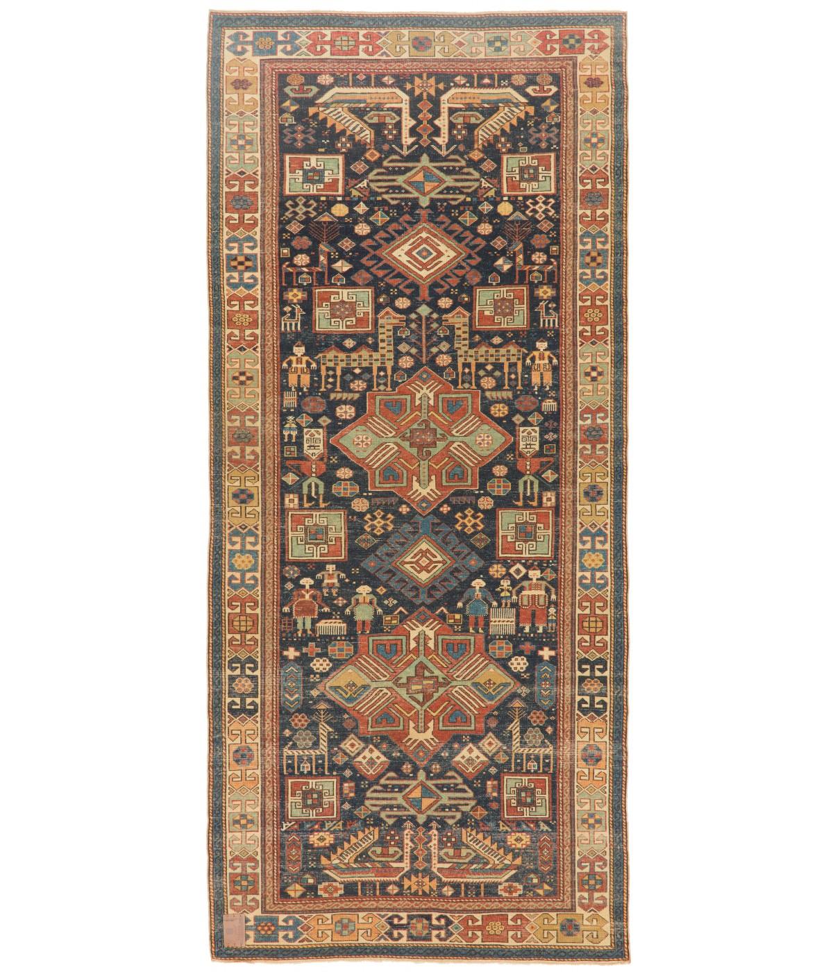 The source of the rug comes from the book Orient Star – A Carpet Collection, E. Heinrich Kirchheim, Hali Publications Ltd, 1993 nr.7. This rug is from the late 19th century, Kazak region, Caucasus area. The Akstafa design reminds the basic
