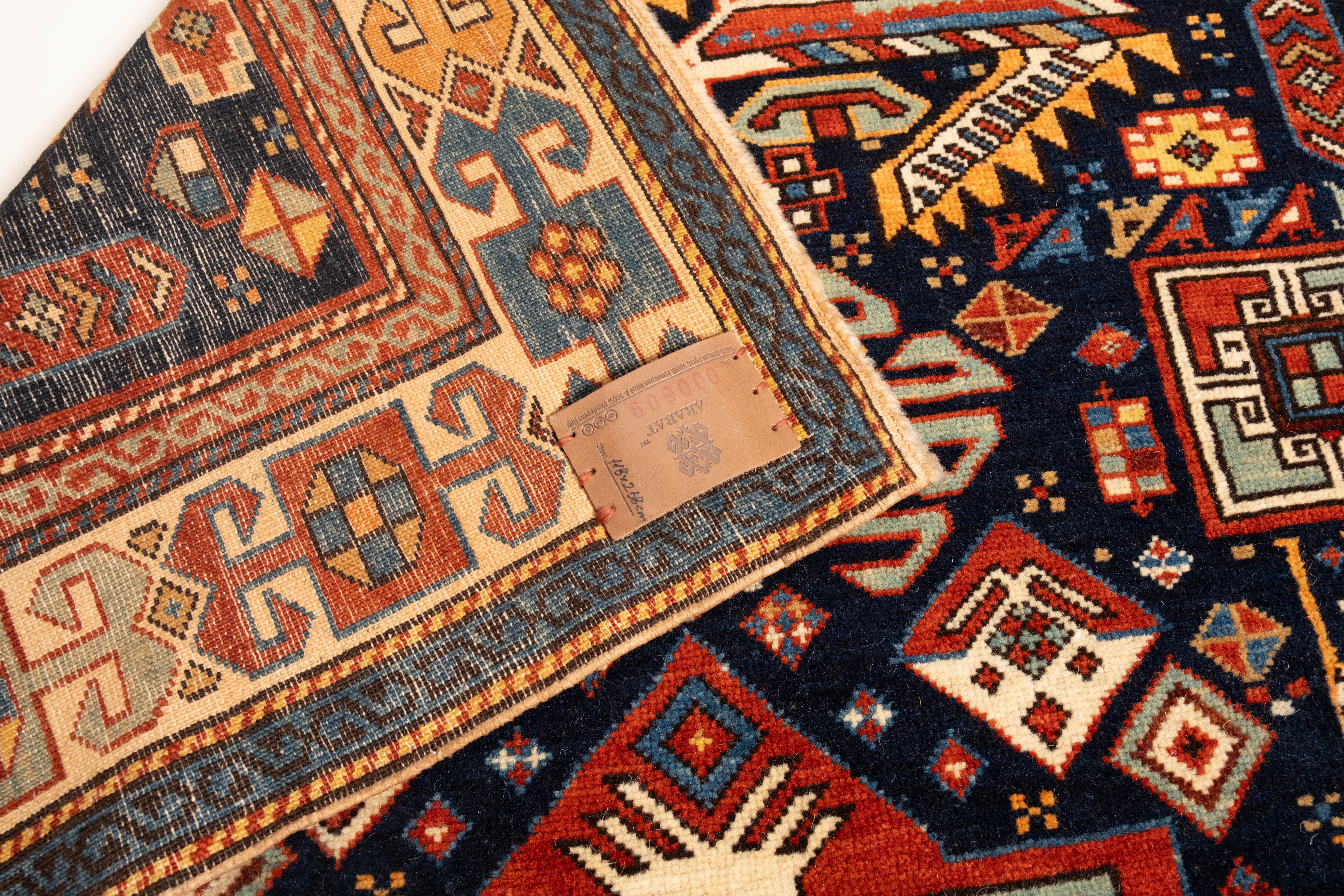 Wool Ararat Rugs Akstafa Kazak Rug, 19th C. Caucasian Revival Carpet Natural Dyed For Sale