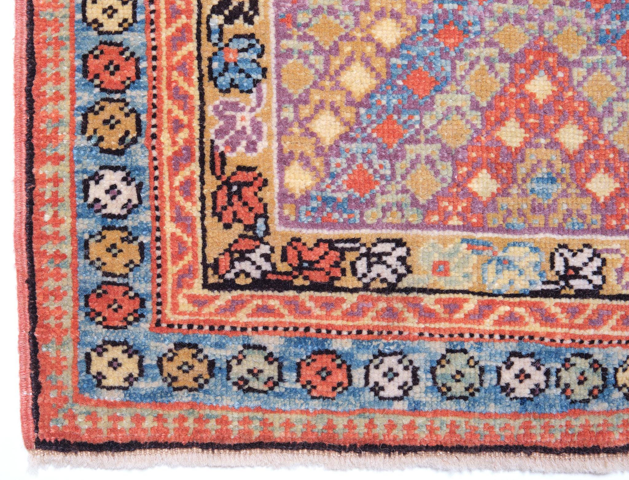 This small piece exhibits a forceful design on a small scale in a small area. These kinds of small Turkish yastiks or mats are found which contain an extraordinary amount of power within a very small space. There are diagonal ascending rows of