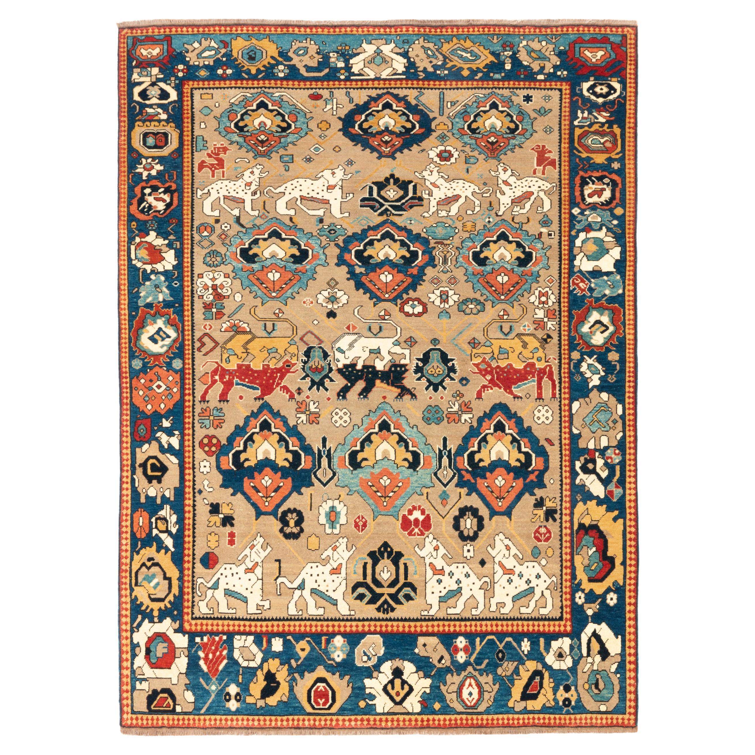 Ararat-Teppich in Safavid-Design – Teppich mit Tiermuster – Revival – Naturfarben  im Angebot