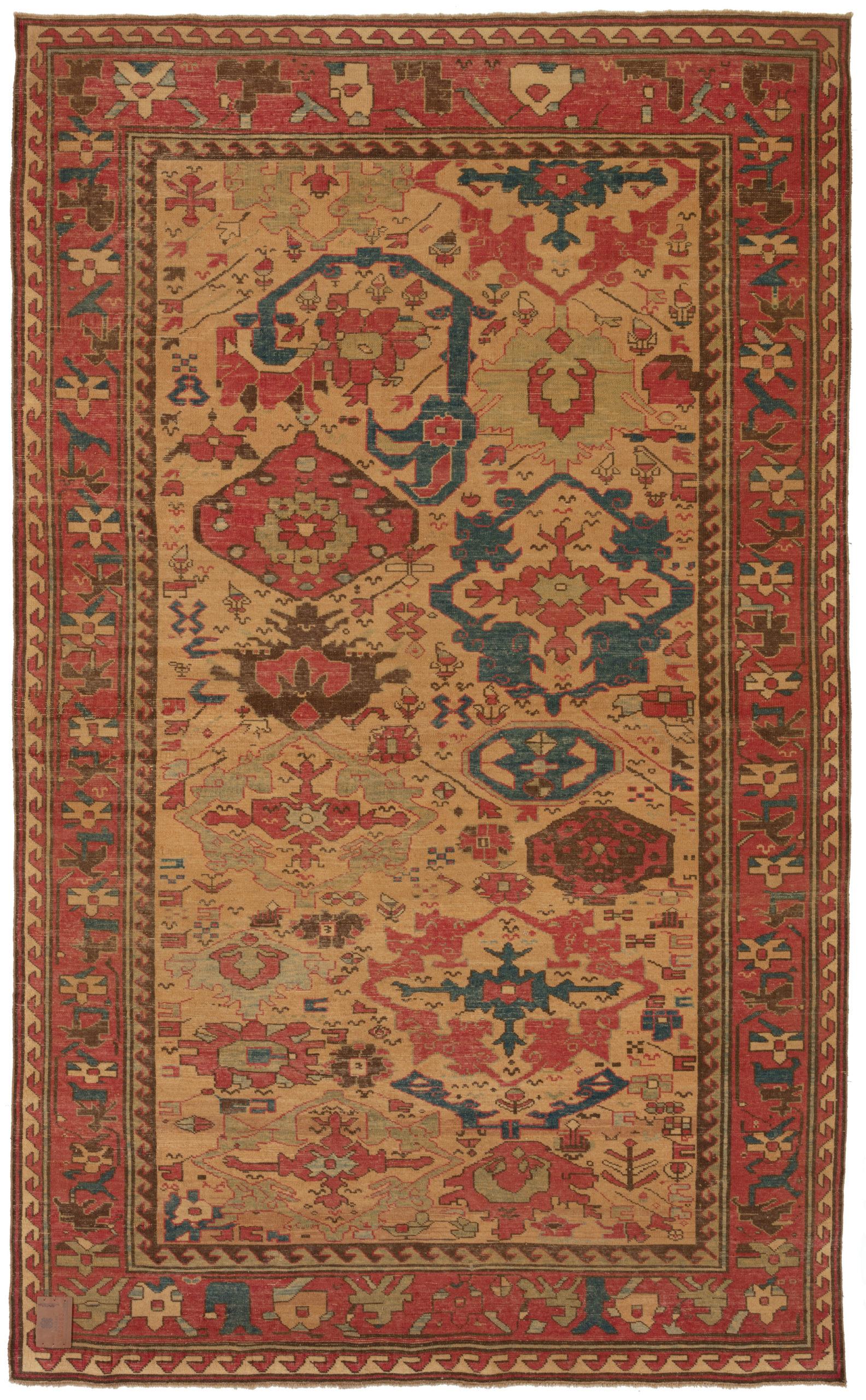 The design source of the rug comes from the book Orient Star – A Carpet Collection, E. Heinrich Kirchheim, Hali Publications Ltd, 1993 nr.28. This is a Harshang design rug with palmettes from the early 19th century, Azerbaijan region, Eastern