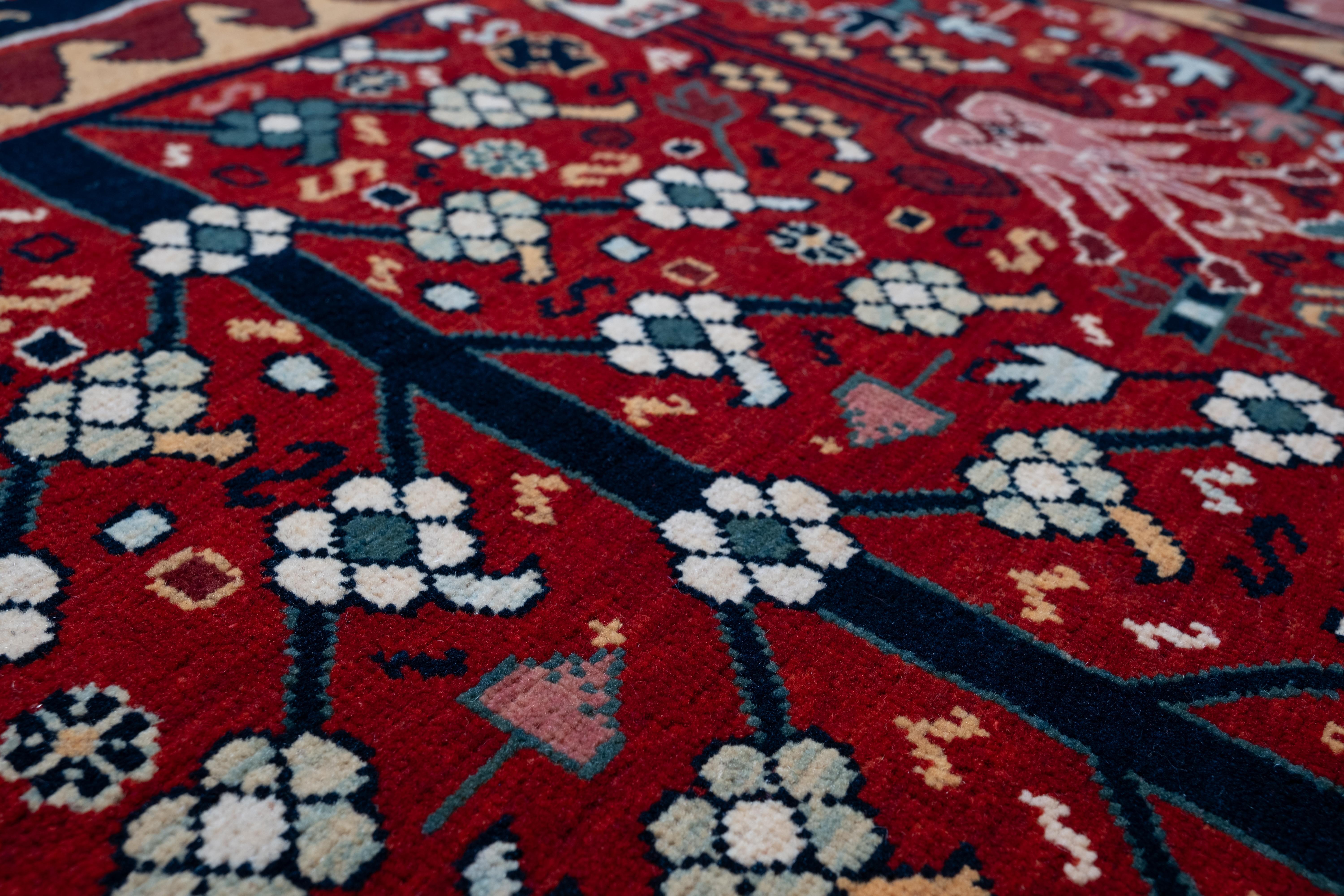 Turkish Ararat Rugs Bid Majnum on Red Field Rug, 17th C Revival Carpet, Natural Dyed For Sale