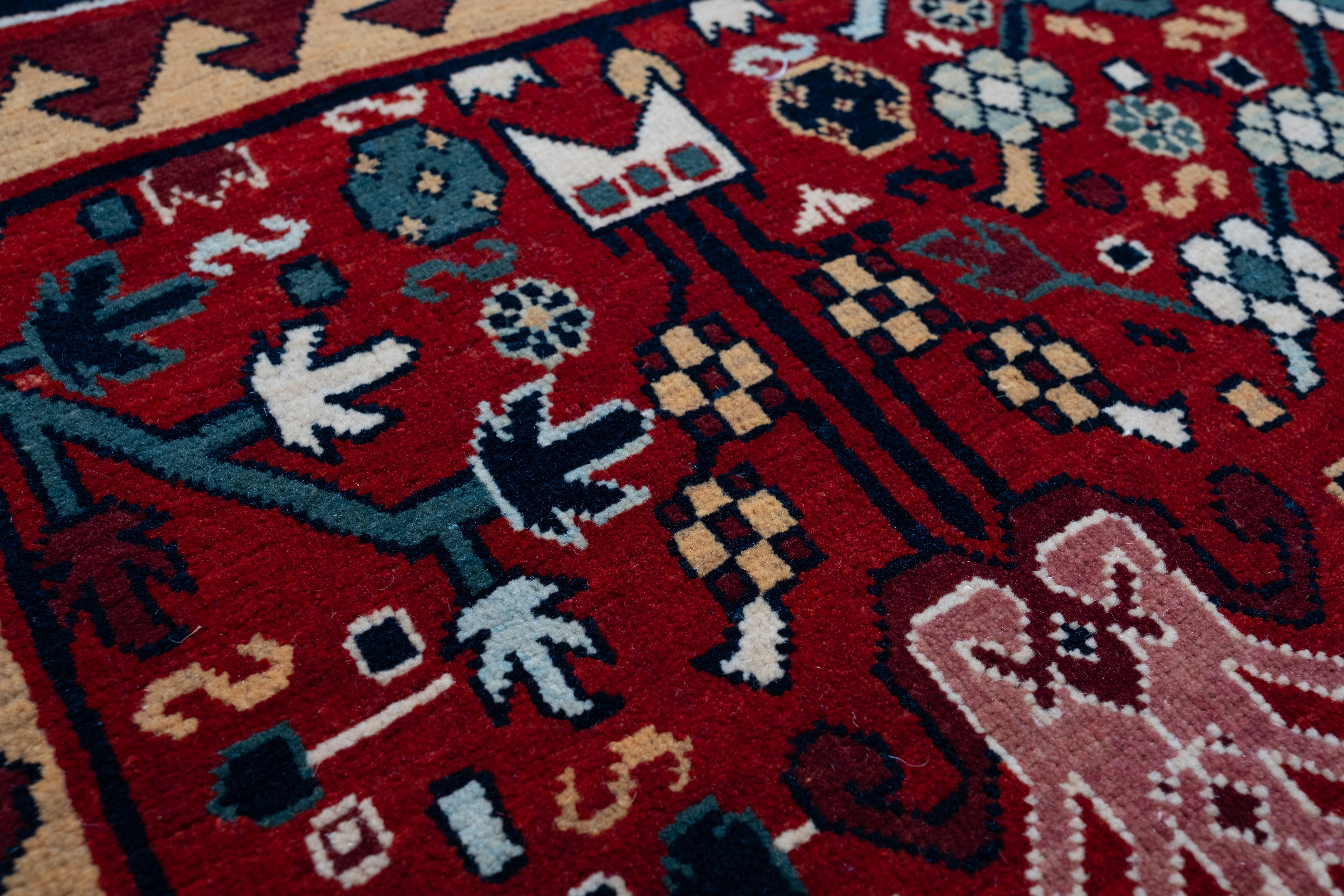 Wool Ararat Rugs Bid Majnum on Red Field Rug, 17th C Revival Carpet, Natural Dyed For Sale