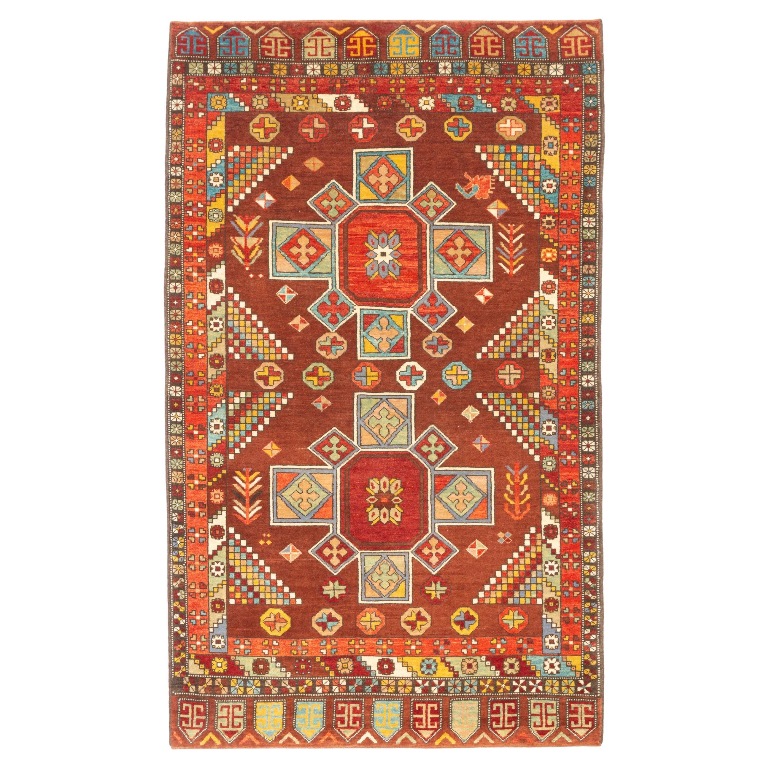 Ararat Rugs Carpet with Two Medallions Anatolian Revival Rug Natural Dyed For Sale