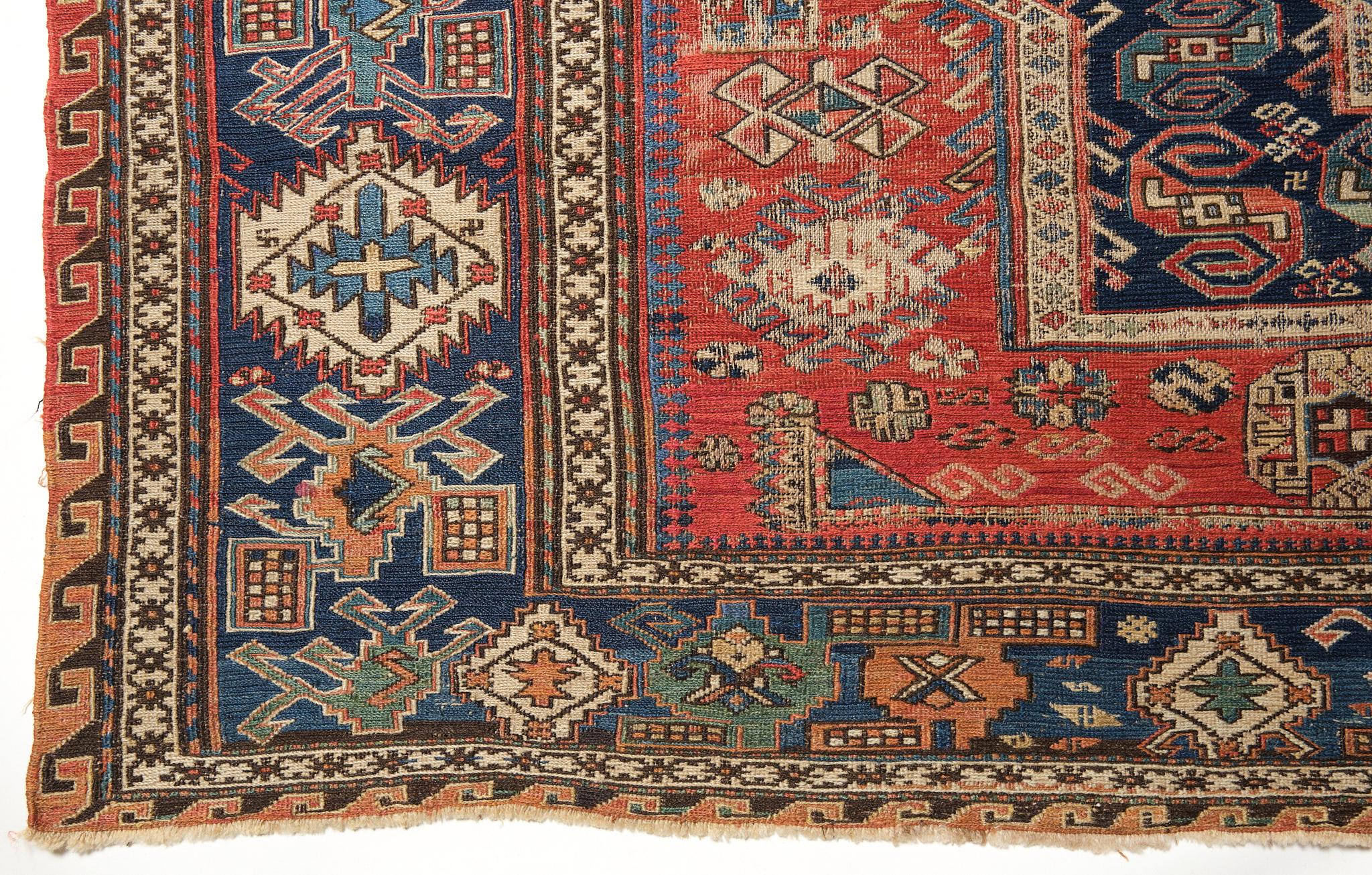 This is an Antique Soumak ( Sumak, Sumac ) Kilim from the Caucasus region with a rare and beautiful color composition.

Of the four countries that make up the Caucasus, Azerbaijan produces the most kilims, and the land has a long history of