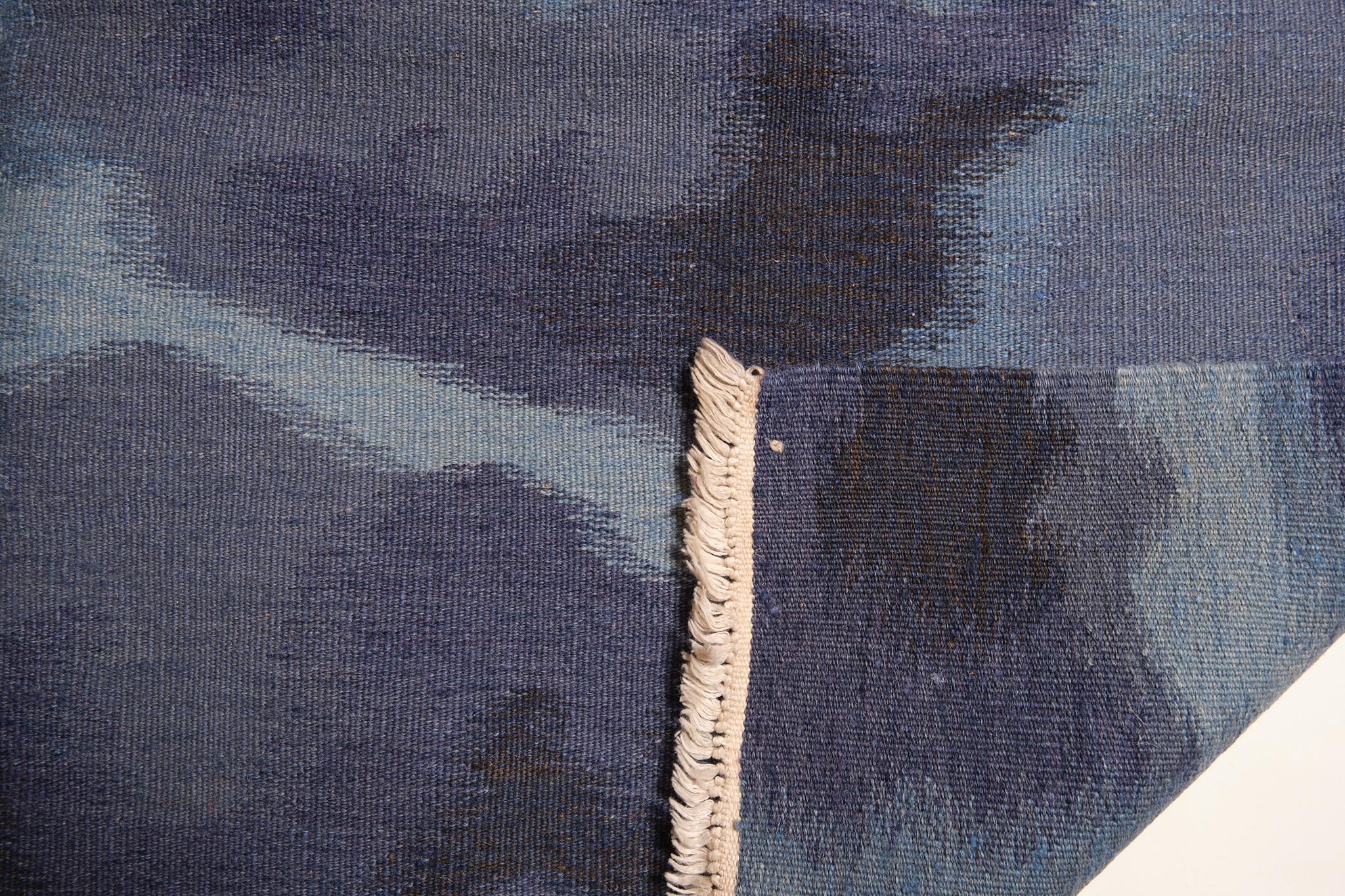 Hand-Woven Ararat Rugs Collection Modern Flatwoven Kilim Rug Blue Wave Motif Turkish Carpet For Sale