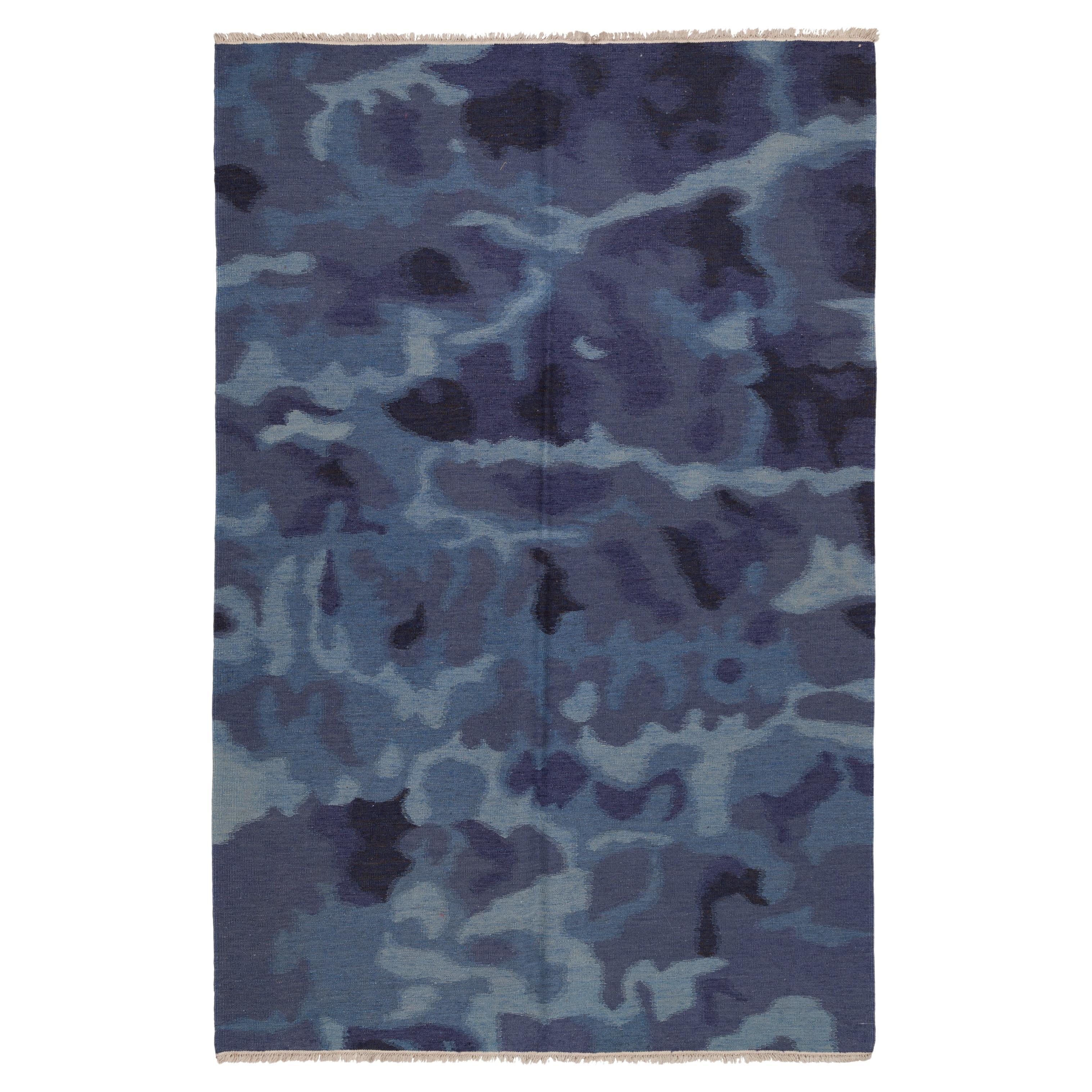 Ararat Rugs Collection Modern Flatwoven Kilim Rug Blue Wave Motif Turkish Carpet For Sale