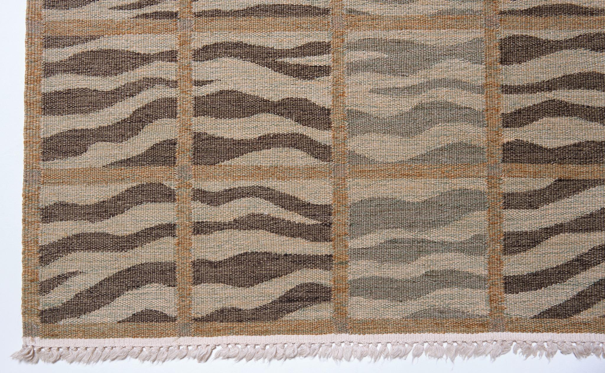 This is a Modern Flatwoven Kilim Rug from Turkey with a rare and beautiful color composition.

A modern Kilim with a very sharp impression, with very chic shades of brown and beige and an arrangement of zebra patterns.
It is very easy to match